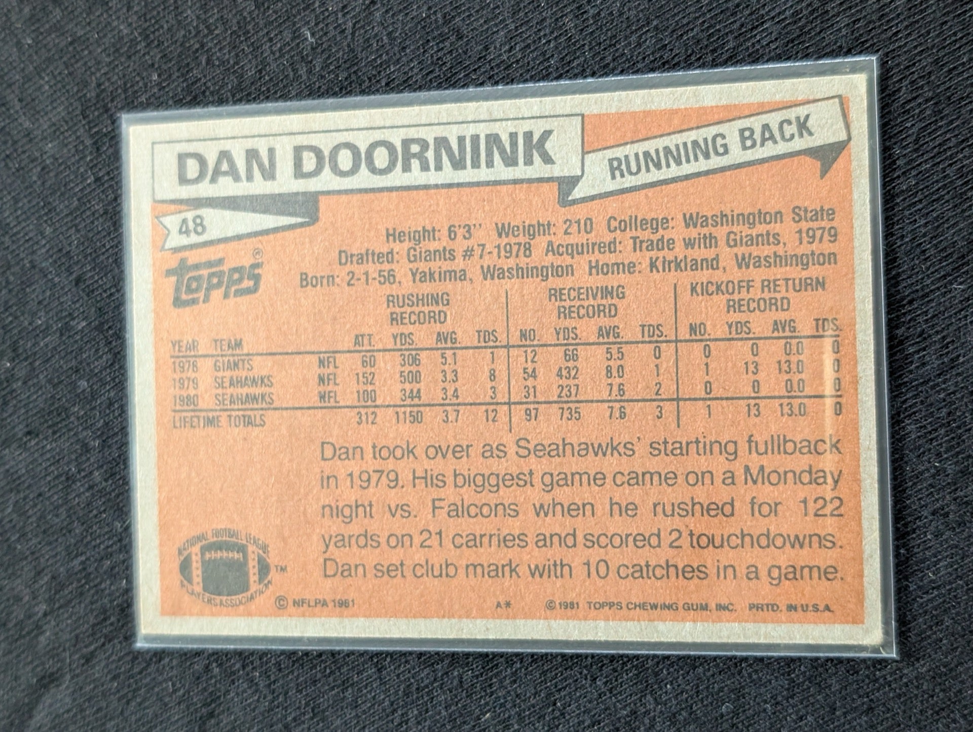 Dan Doornink Seattle Seahawks Lot (2) 1979 & 1980 Topps Vintage NFL