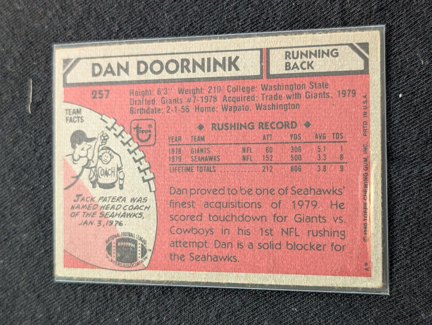 Dan Doornink Seattle Seahawks Lot (2) 1979 & 1980 Topps Vintage NFL