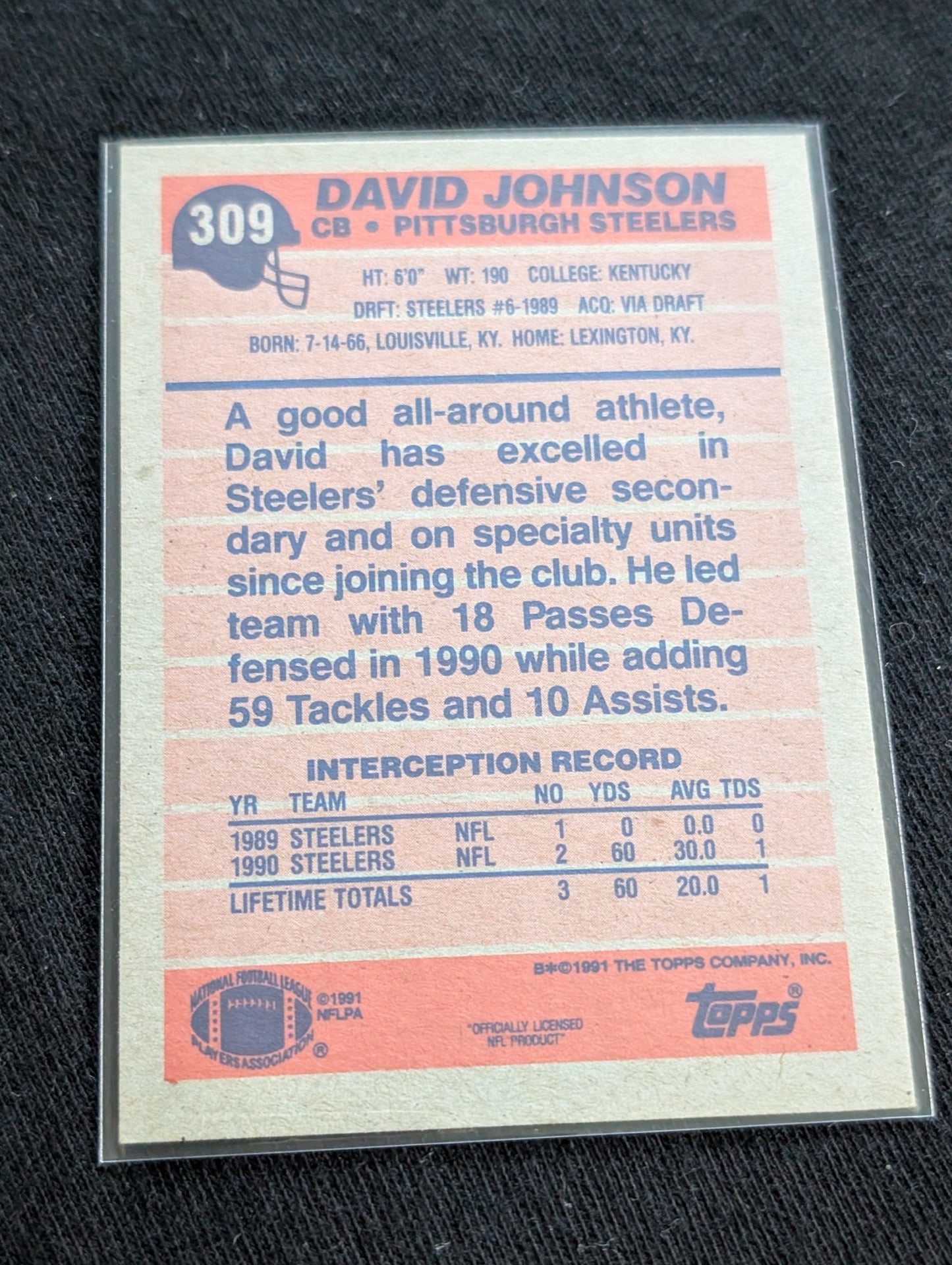 David Johnson Pittsburgh Steelers Cornerback Lot (2) 1990 Pro Set & Topps
