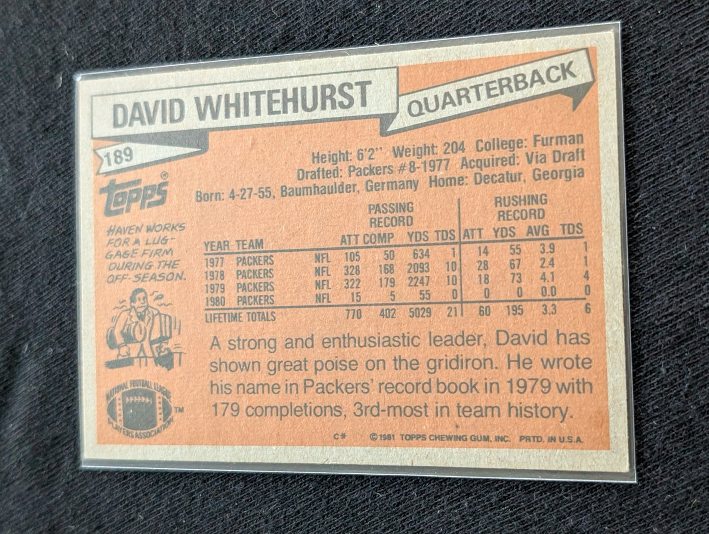 David Whitehurst Green Bay Packers QB Vintage Topps Card Lot (2) 1980 1981
