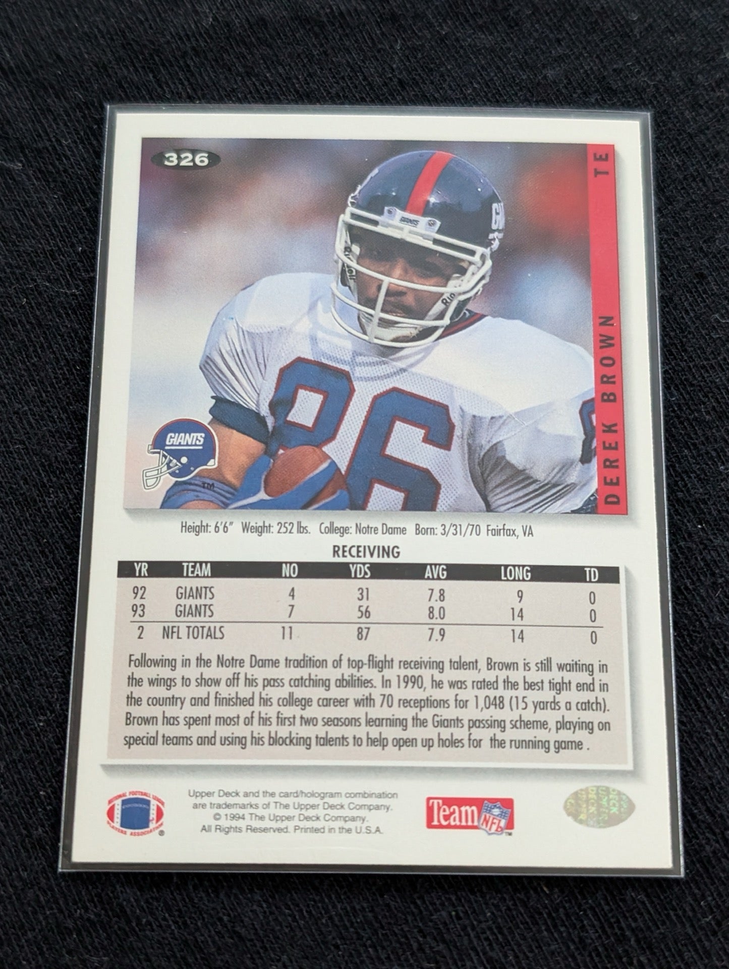 Derek Brown New York Giants TE Card Lot (2) 1994 & 1995 Collector's Choice