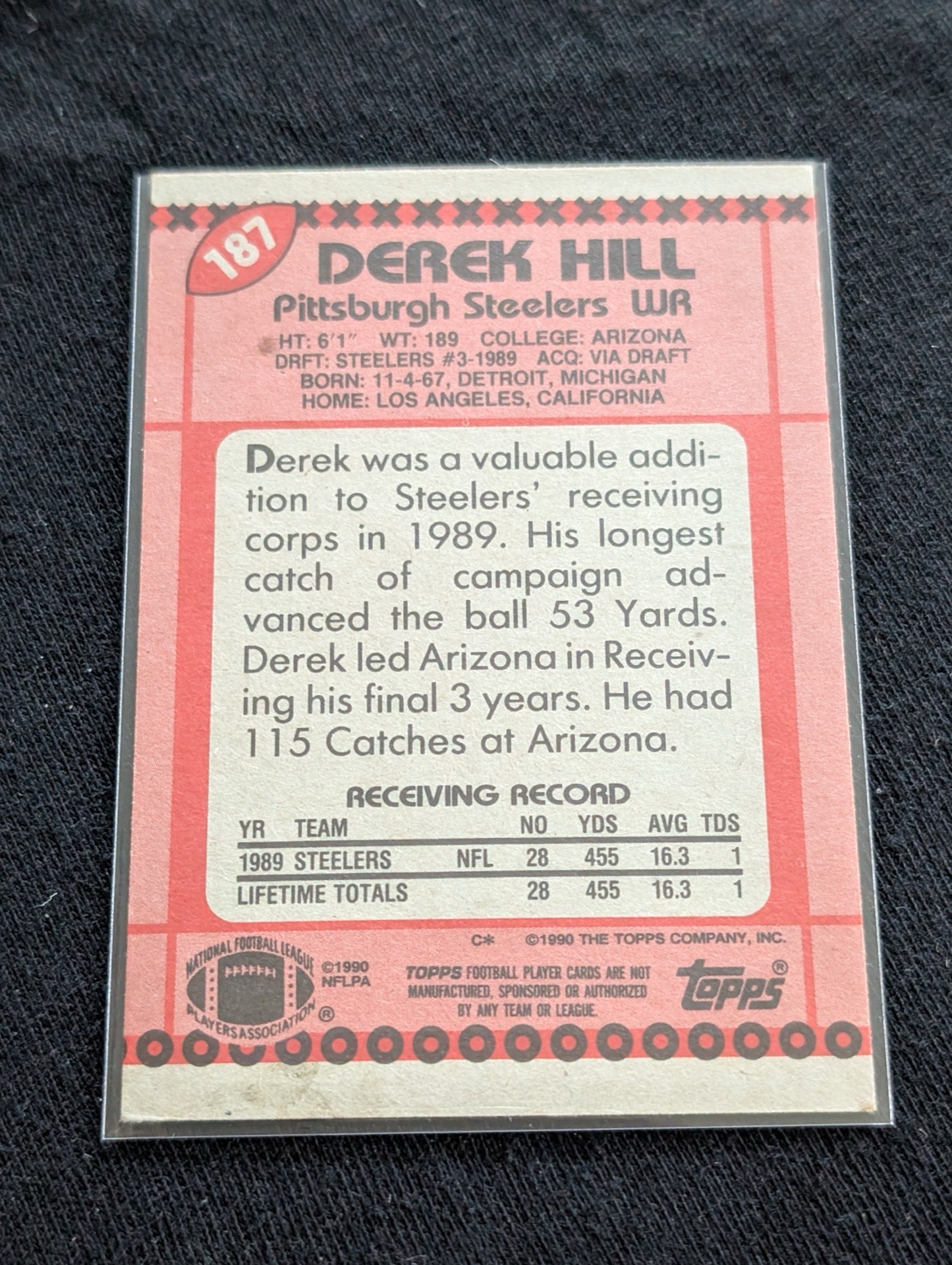 Derek Hill Pittsburgh Steelers WR Lot (2) 1990 Topps & Pro Set Prospect
