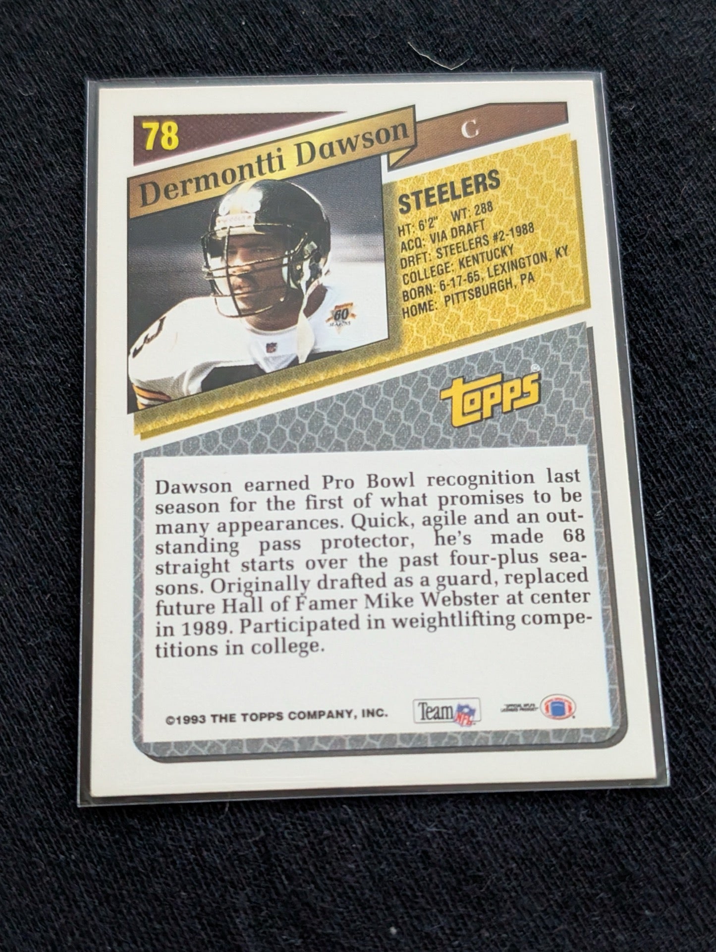 Dermontti Dawson HOF Steelers Center Legend Card Lot (7) Topps, Score, Pro Set