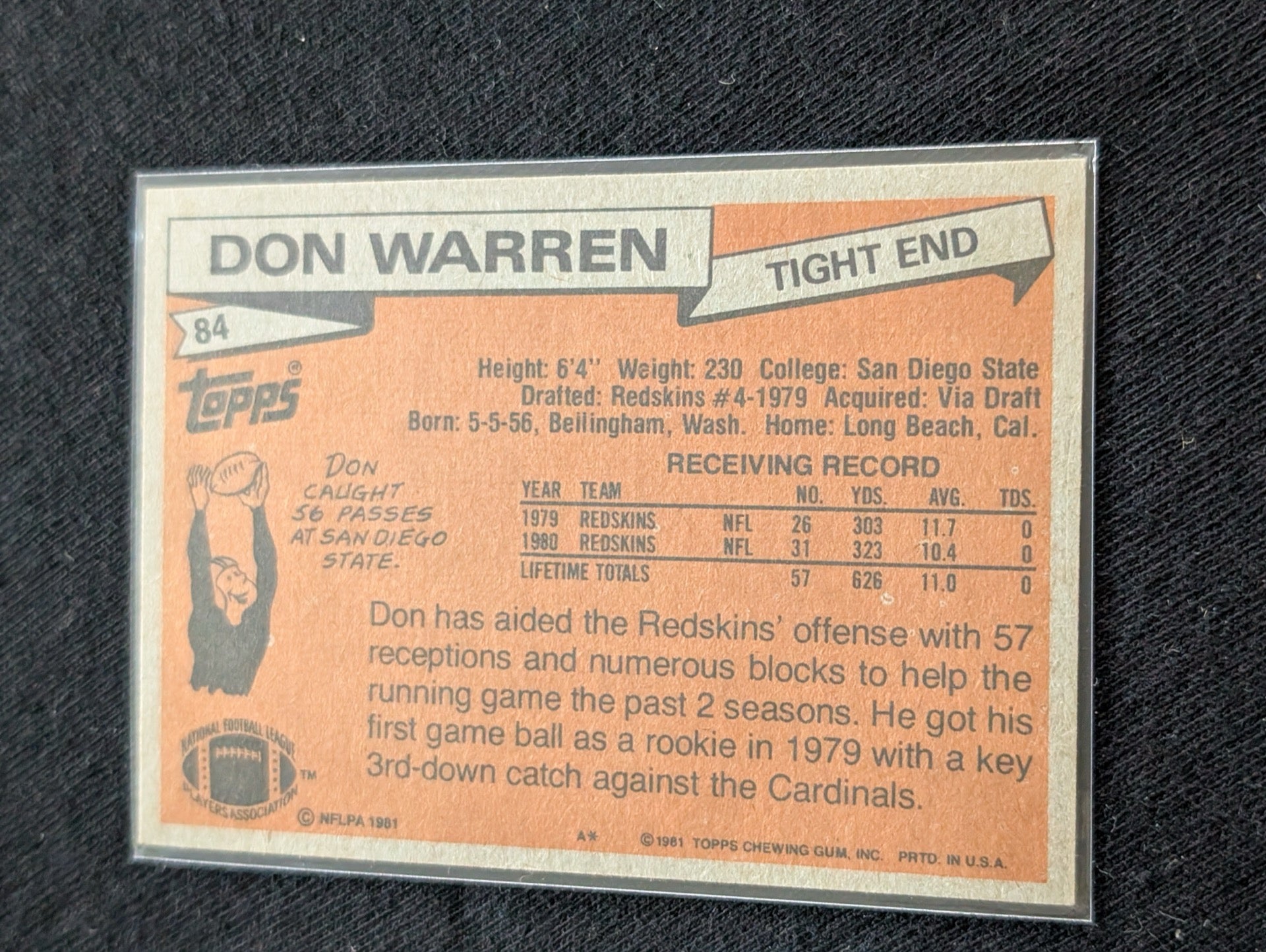 Don Warren Washington Redskins Vintage Topps Card Lot (2) 1980 1981