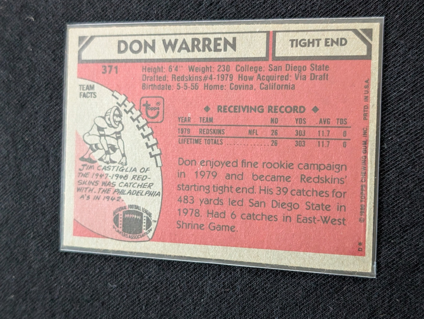Don Warren Washington Redskins Vintage Topps Card Lot (2) 1980 1981