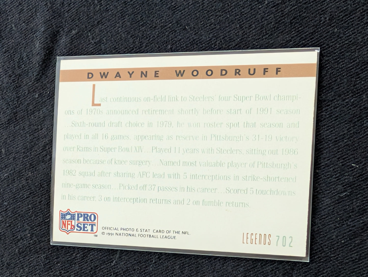 Dwayne Woodruff Pittsburgh Steelers CB Lot (2) 1990 Topps & Pro Set Legends