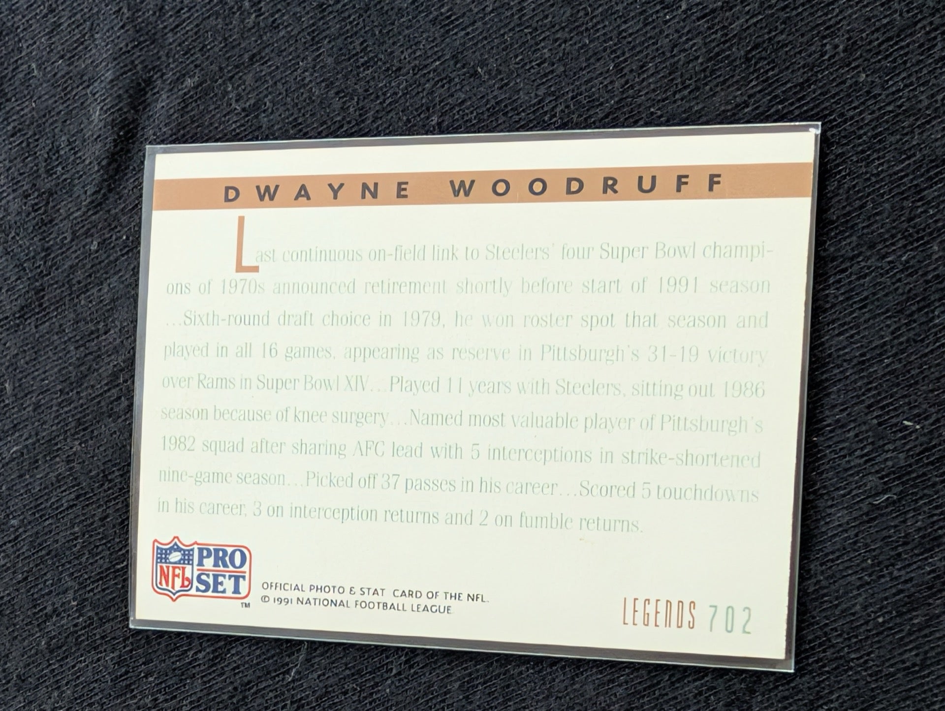 Dwayne Woodruff Pittsburgh Steelers CB Lot (2) 1990 Topps & Pro Set Legends