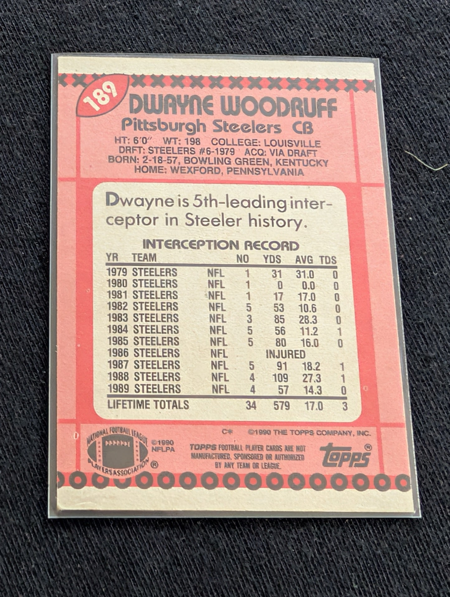 Dwayne Woodruff Pittsburgh Steelers CB Lot (2) 1990 Topps & Pro Set Legends