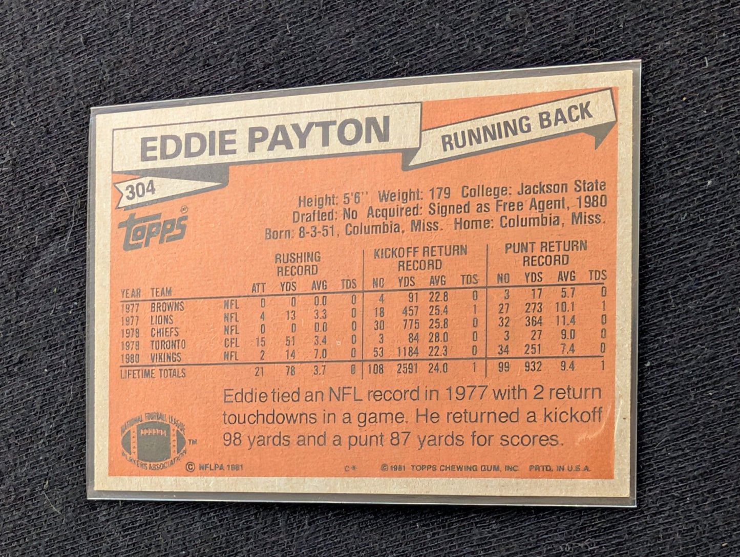 Eddie Payton Minnesota Vikings Vintage Topps Card Lot (2) 1980 1981