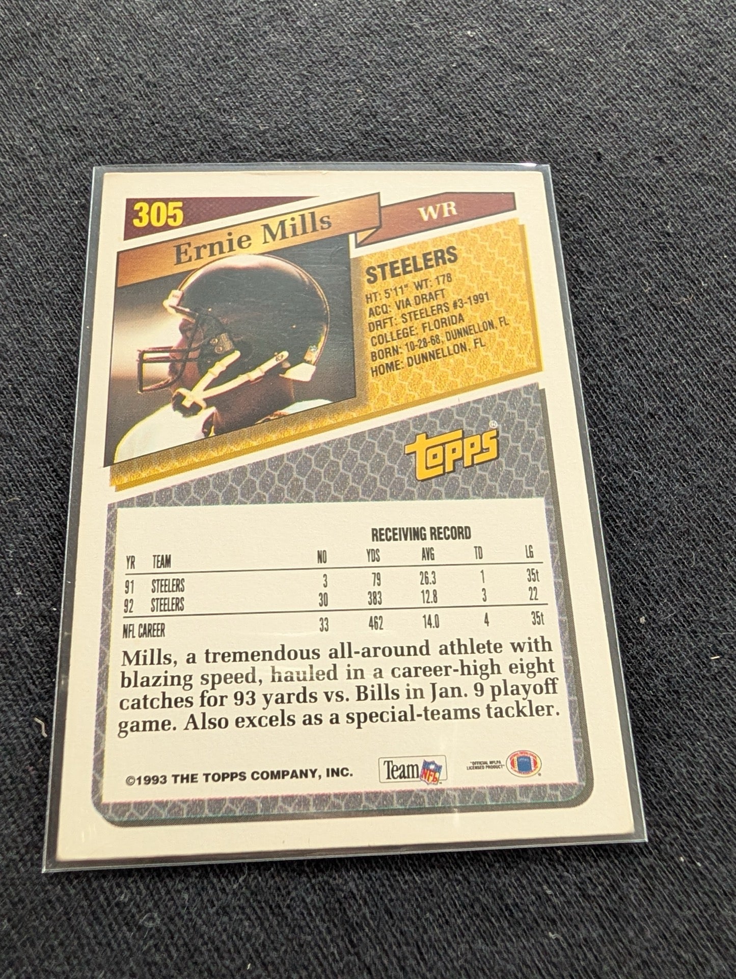 Ernie Mills Pittsburgh Steelers WR Card Lot (2) 1991 Pro Set & Topps