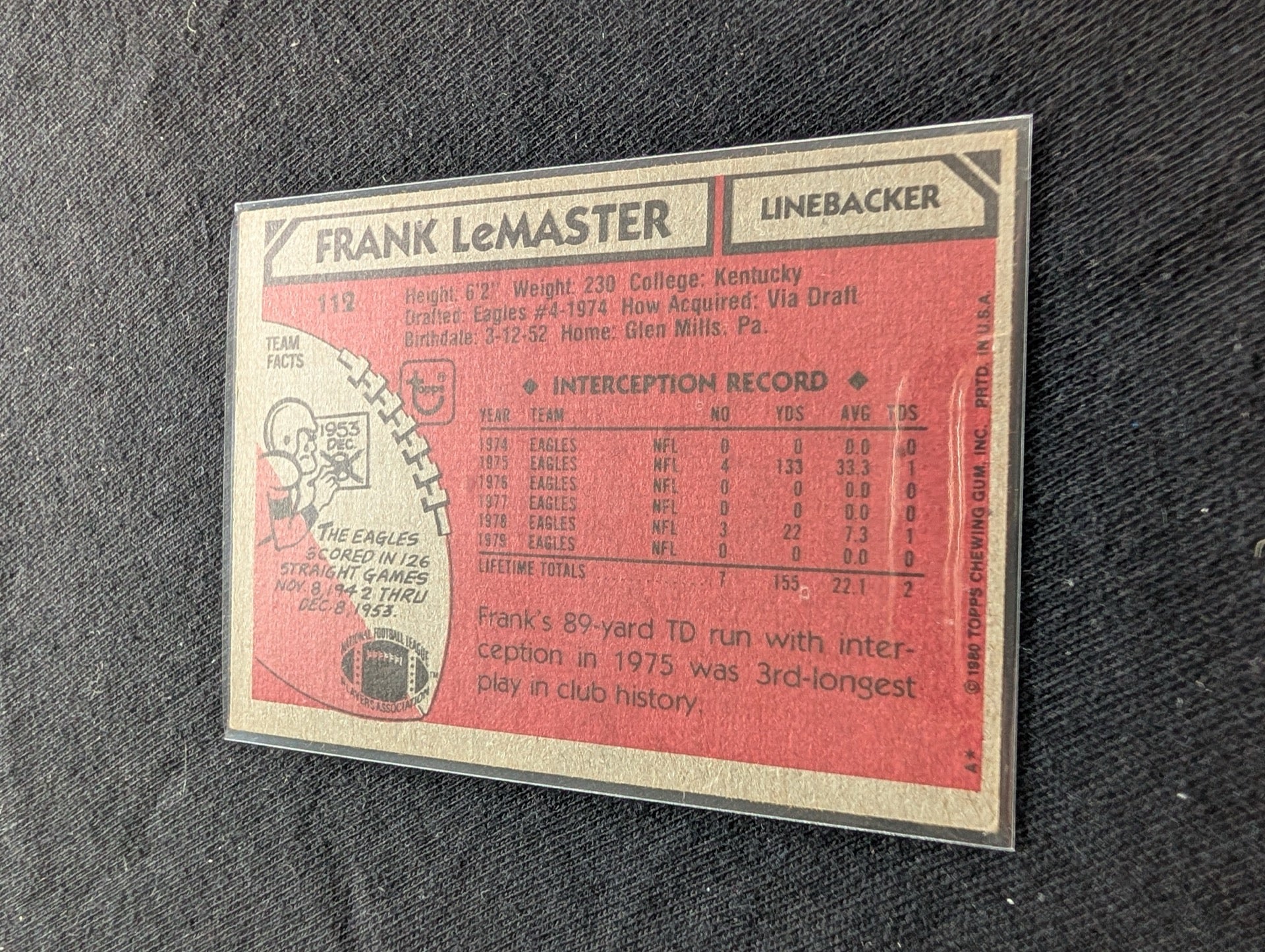 Frank LeMaster Philadelphia Eagles LB Vintage Topps Lot (2) 1980 1981