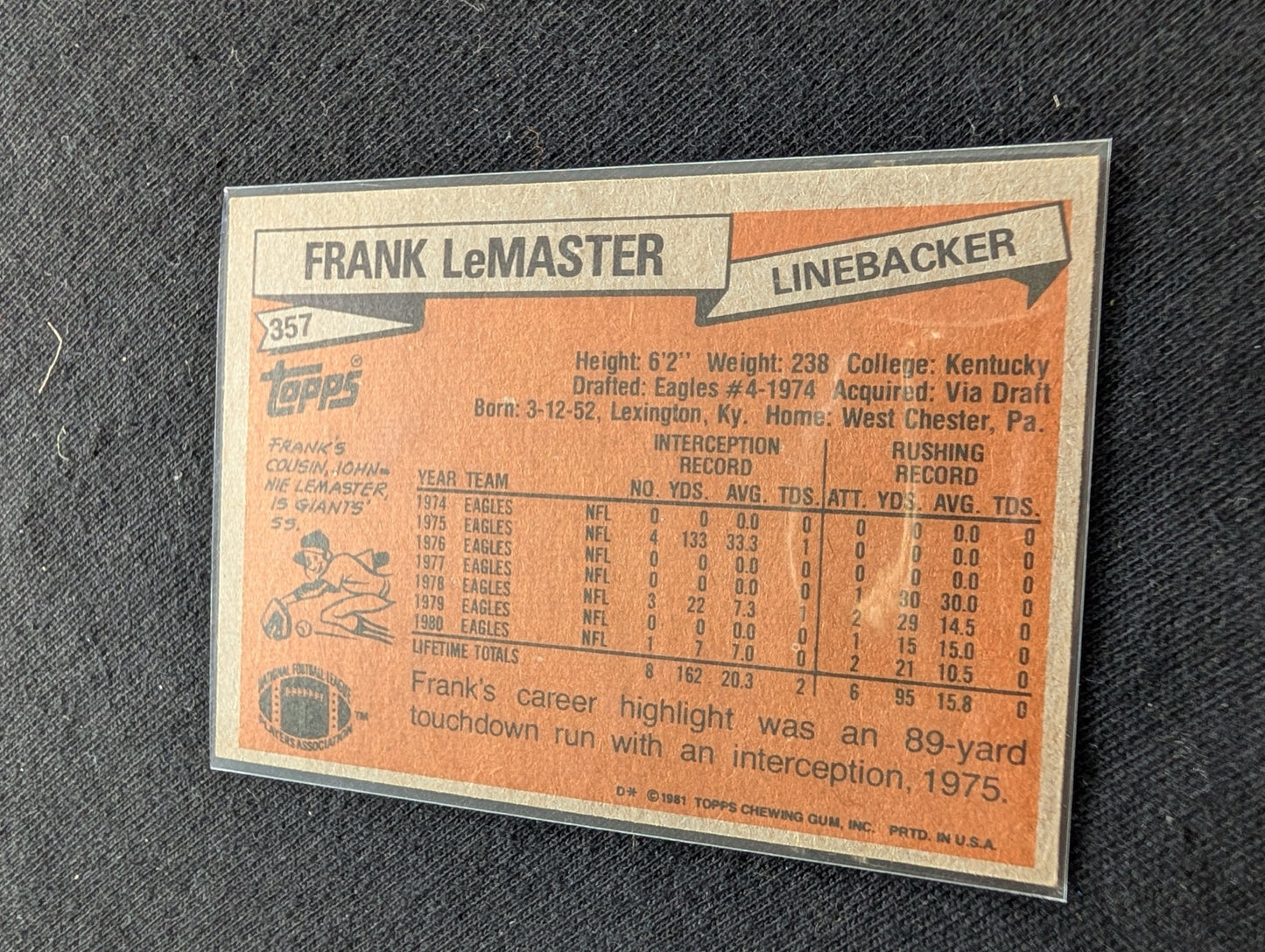 Frank LeMaster Philadelphia Eagles LB Vintage Topps Lot (2) 1980 1981