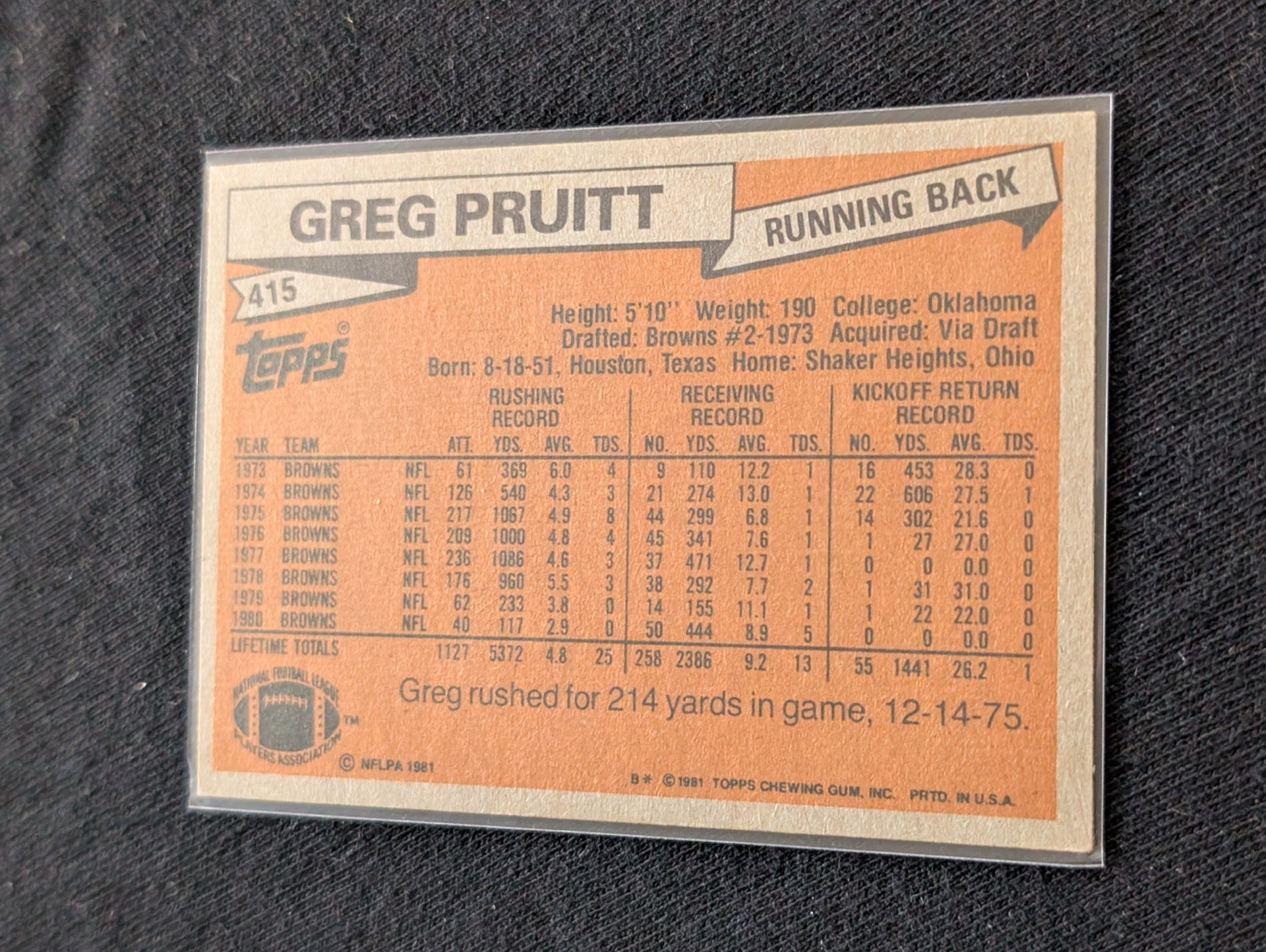Greg Pruitt Cleveland Browns RB Vintage Topps Lot (2) 1980 1981 "Kardiac Kids"