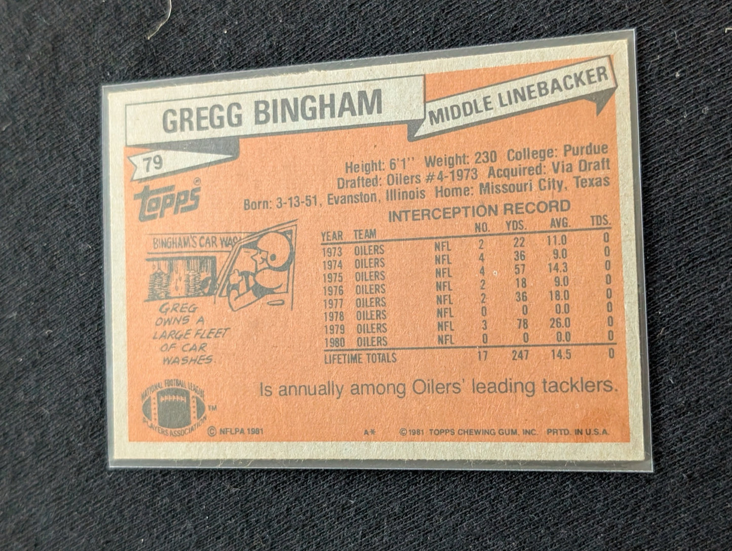 Gregg Bingham Houston Oilers LB Vintage Topps Lot (2) 1980 1981 "Luv Ya Blue"