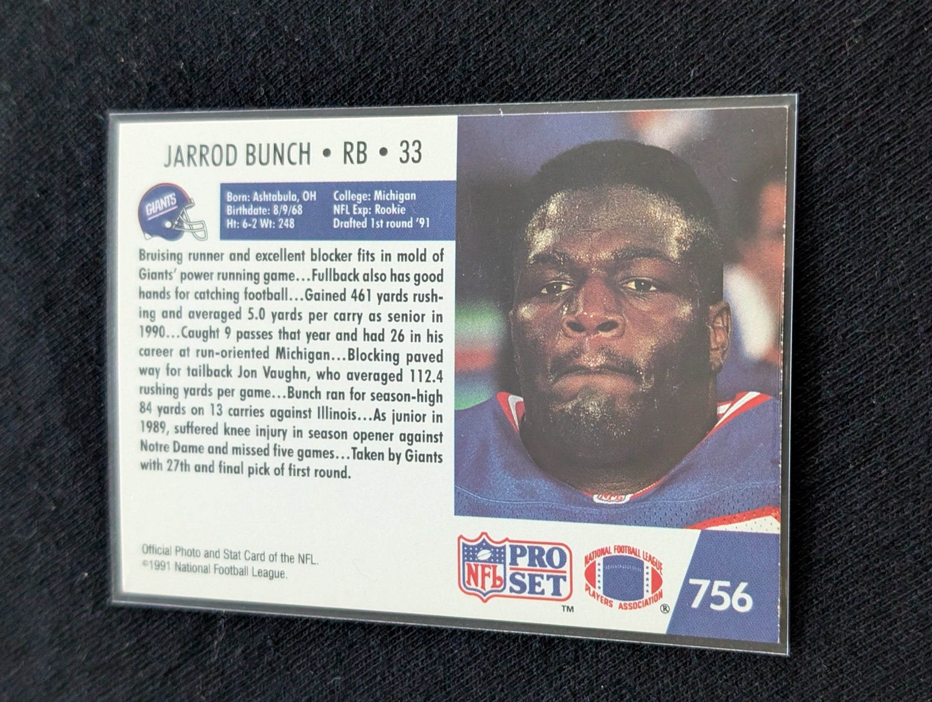 Jarrod Bunch New York Giants RB Card Lot (2) 1991 Pro Set RC & 1994 Collector's Choice