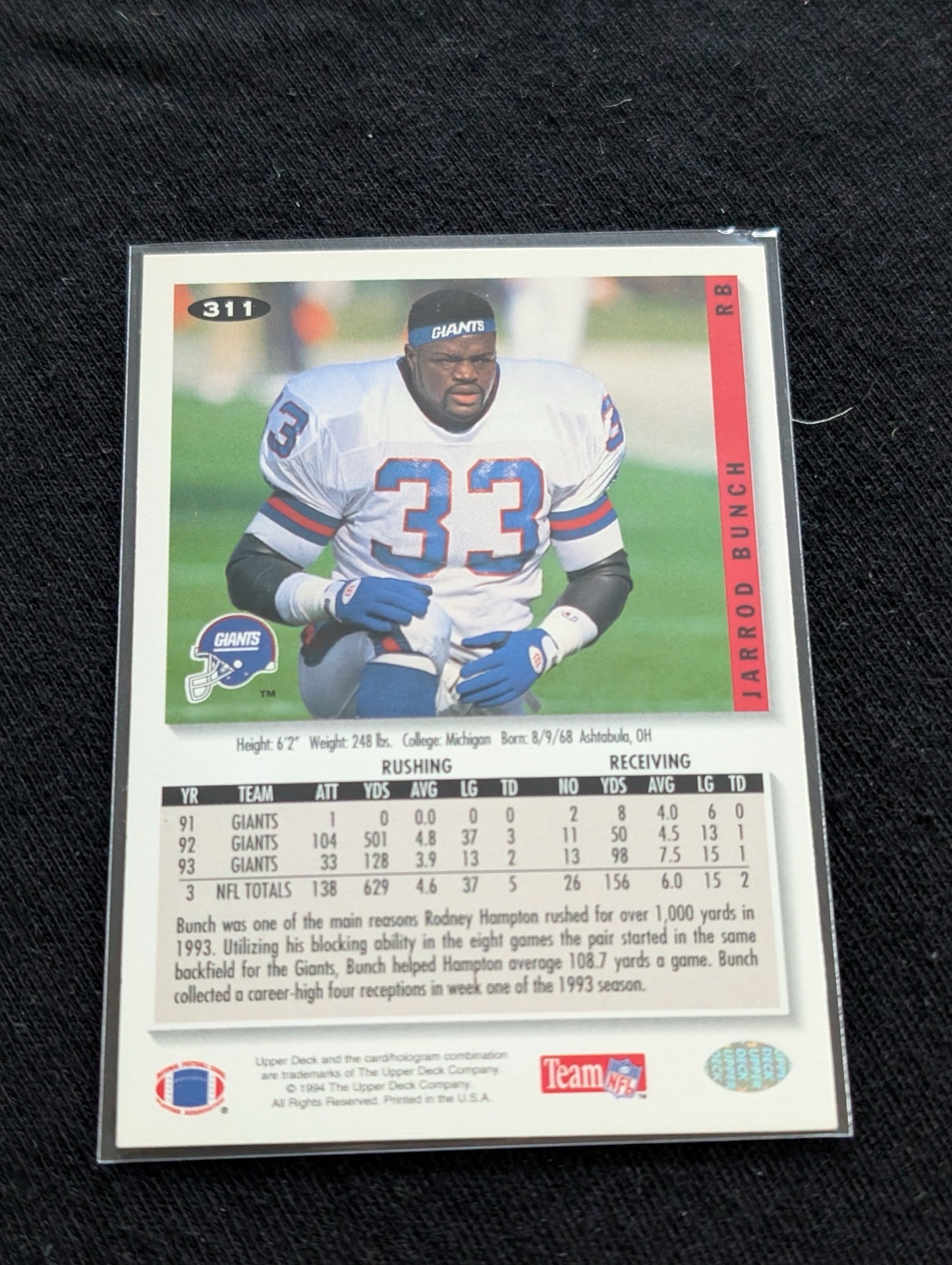 Jarrod Bunch New York Giants RB Card Lot (2) 1991 Pro Set RC & 1994 Collector's Choice