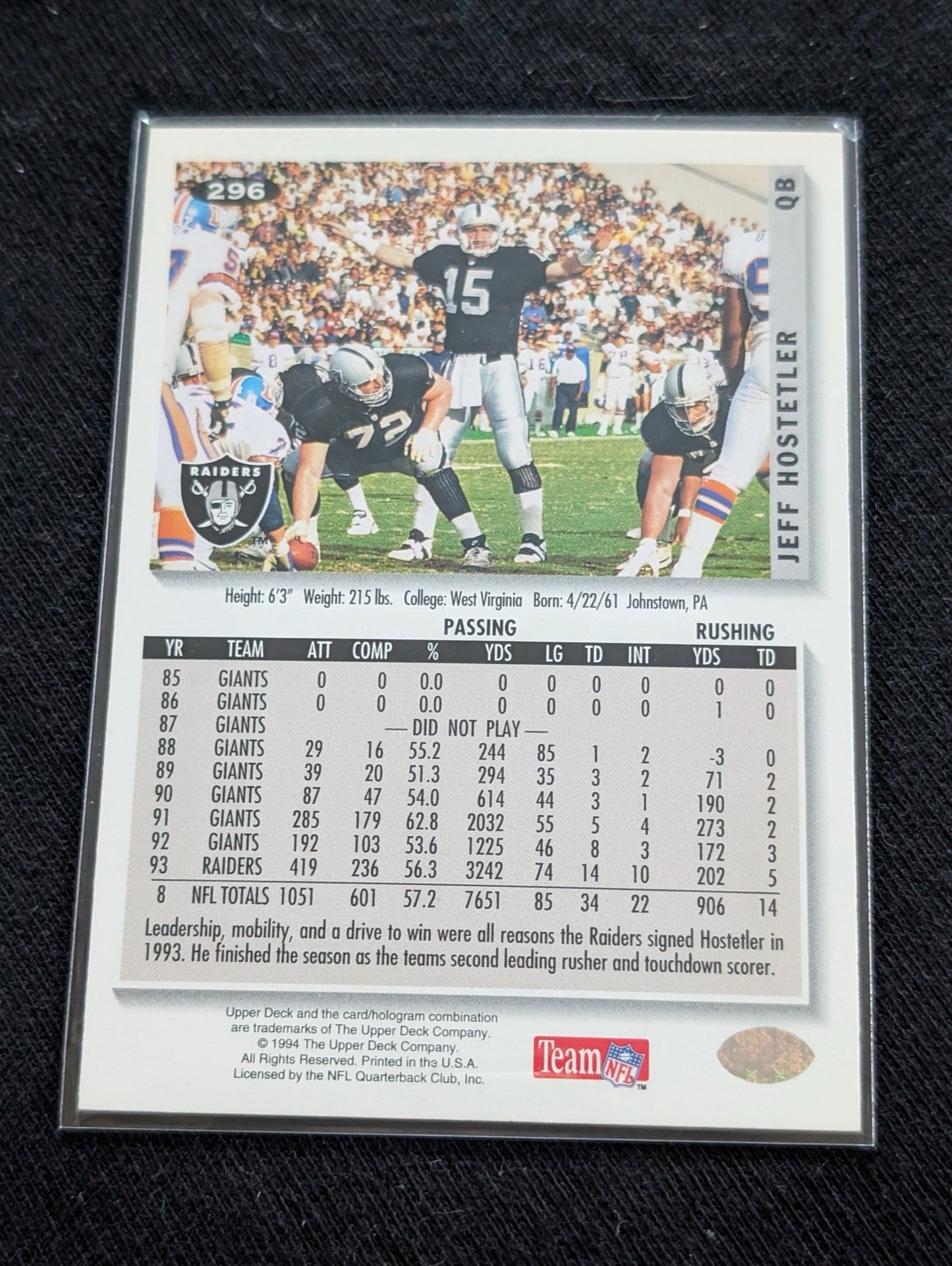 Jeff Hostetler Raiders QB Card Lot (2) 1994 Collector's Choice & 1990 Action Packed