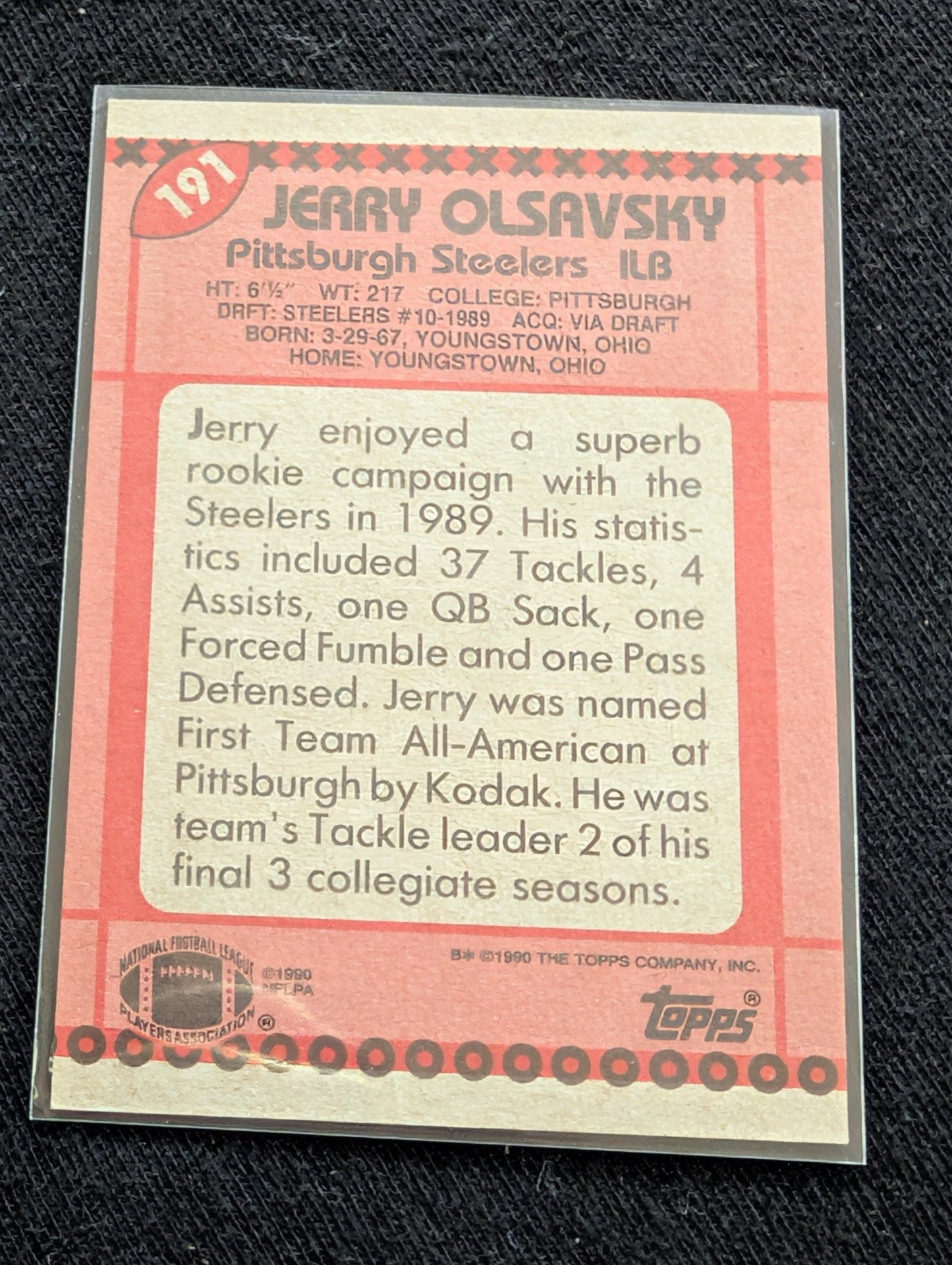 Jerry Olsavsky Pittsburgh Steelers LB Card Lot (2) 1990 Topps & 1991 Score