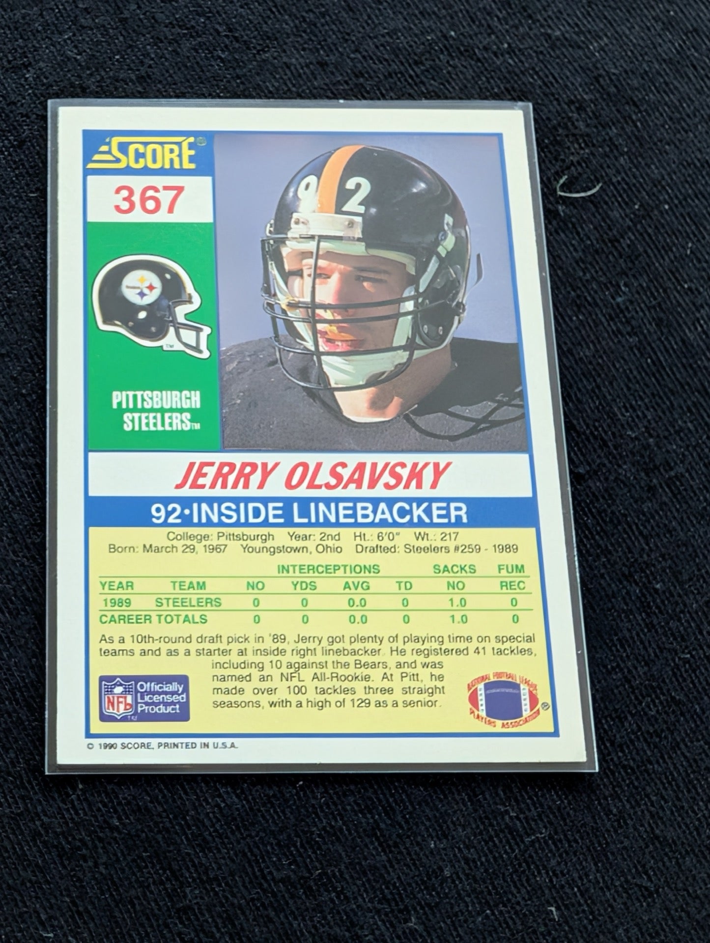 Jerry Olsavsky Pittsburgh Steelers LB Card Lot (2) 1990 Topps & 1991 Score