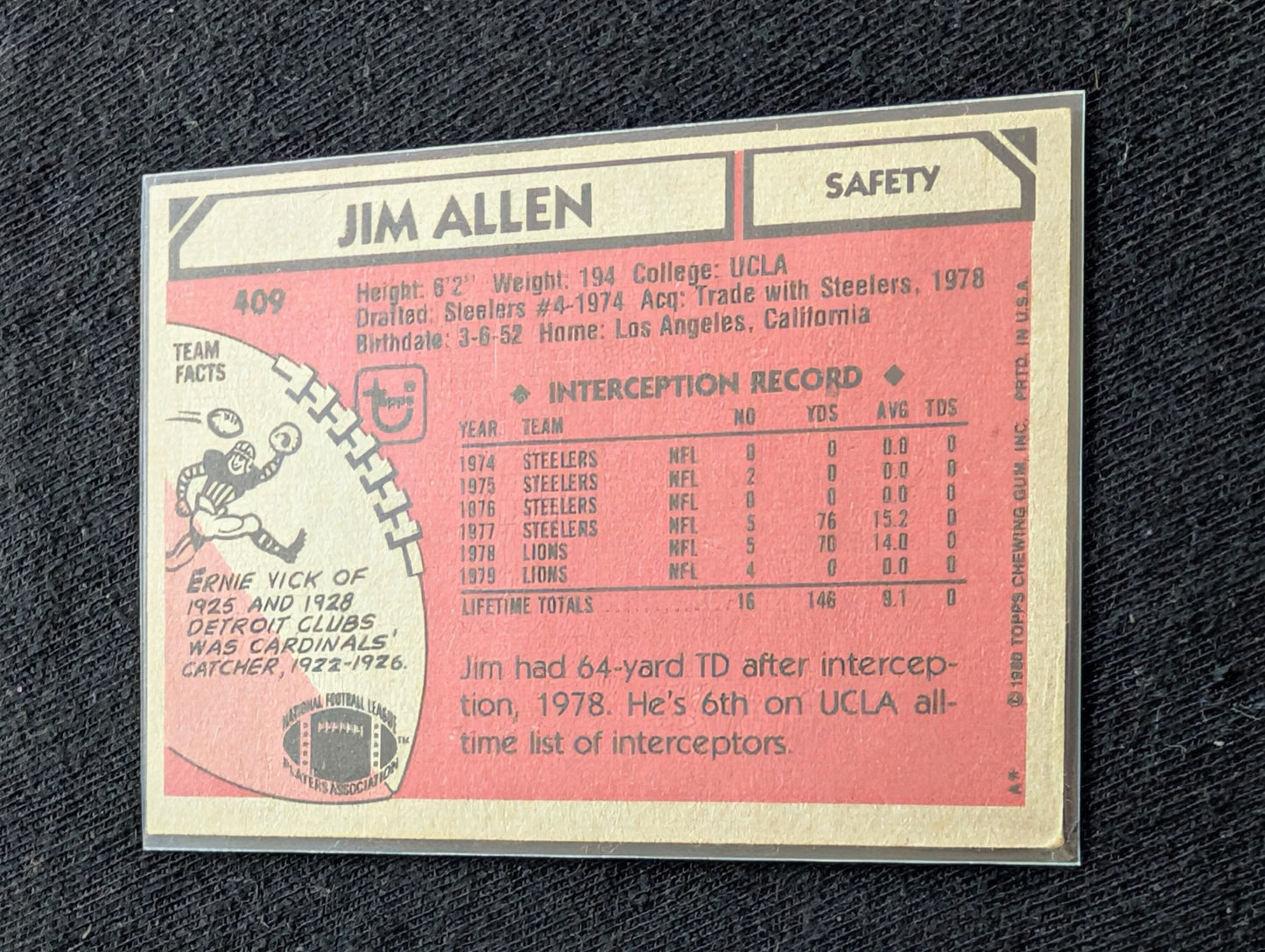 Jim Allen Detroit Lions Safety Vintage Topps Card Lot (2) 1980 1981
