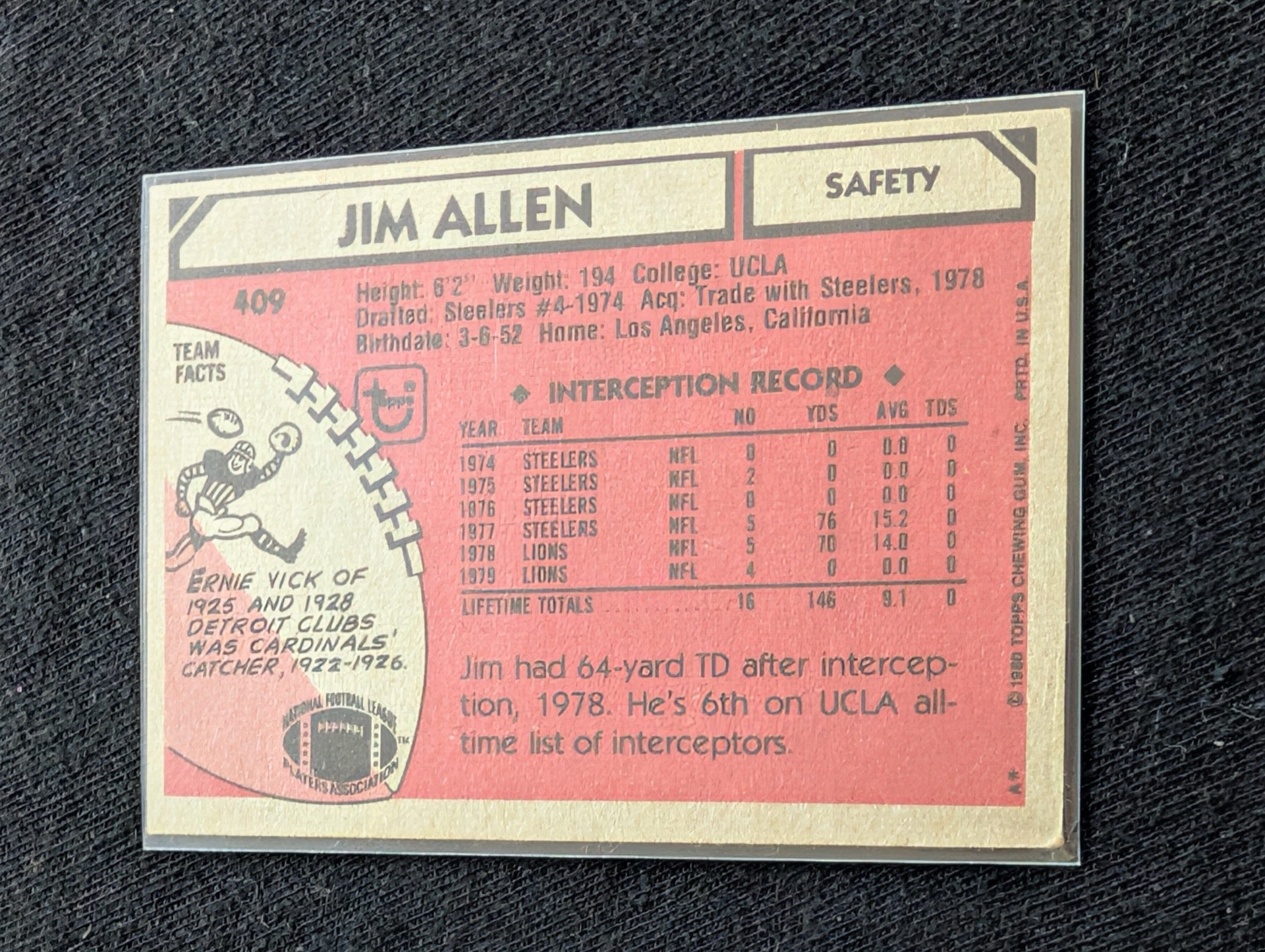 Jim Allen Detroit Lions Safety Vintage Topps Card Lot (2) 1980 1981