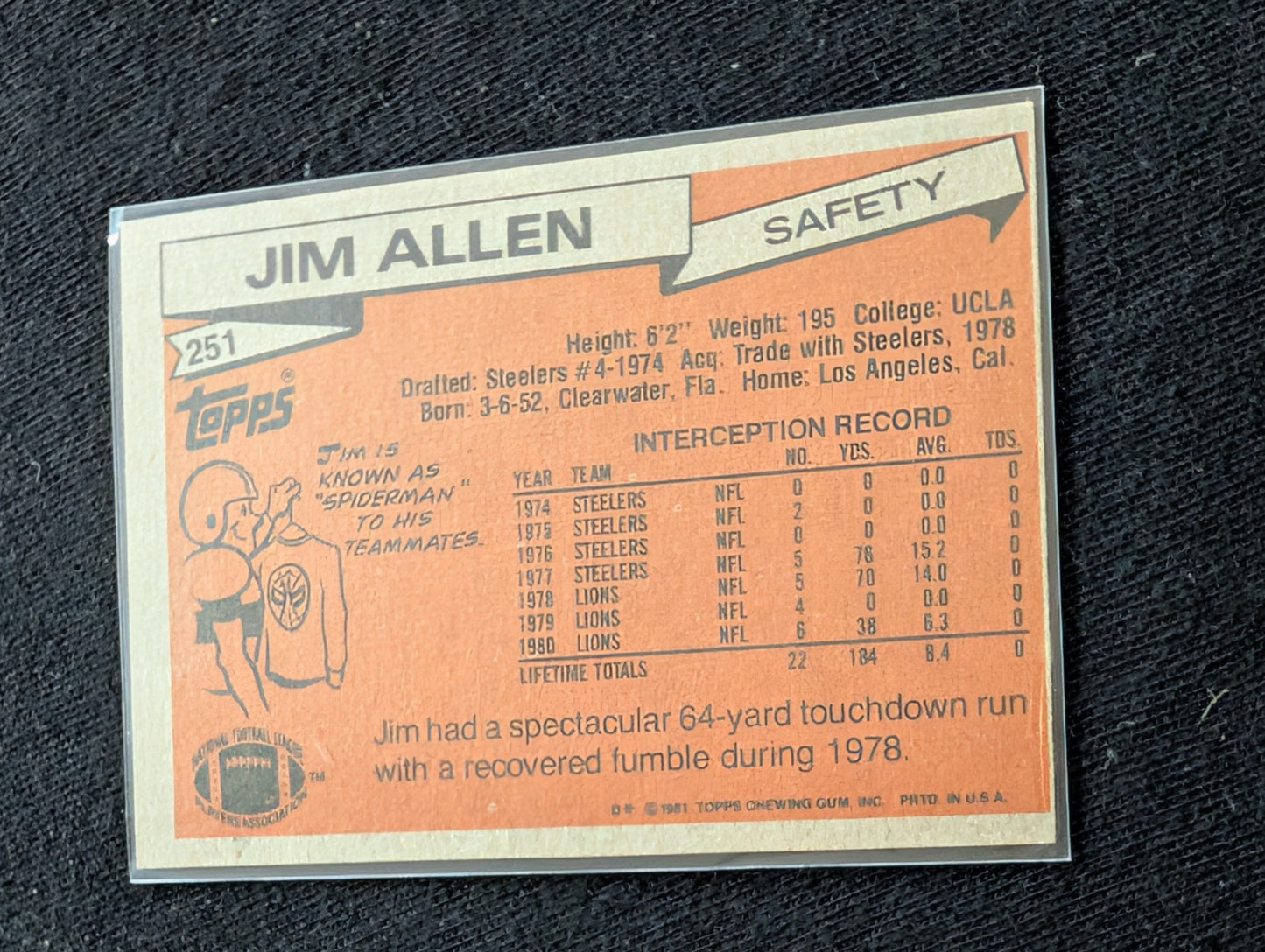 Jim Allen Detroit Lions Safety Vintage Topps Card Lot (2) 1980 1981