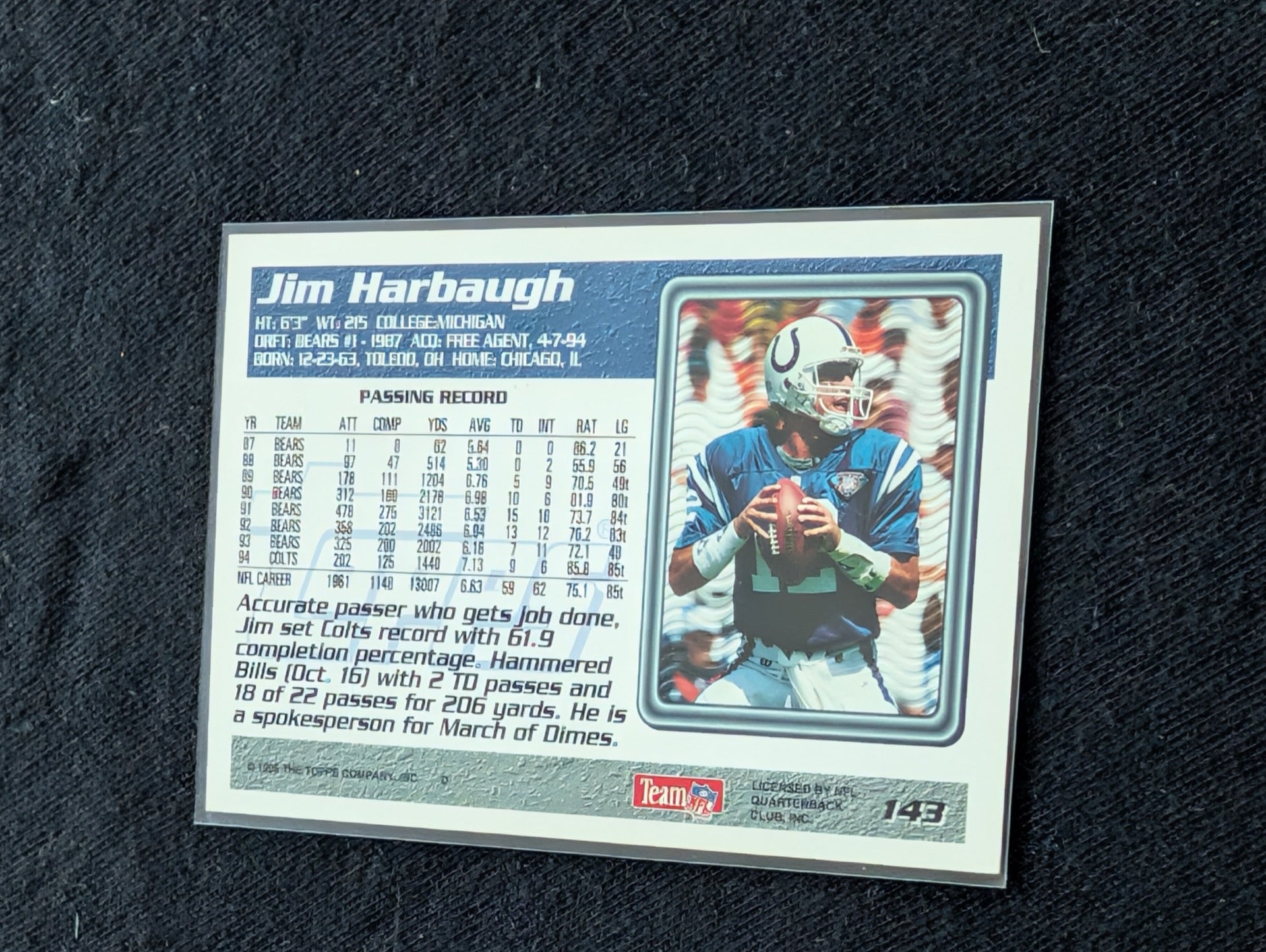 Jim Harbaugh "Captain Comeback" QB Lot (2) 1990 Topps Bears & 1996 Topps Colts