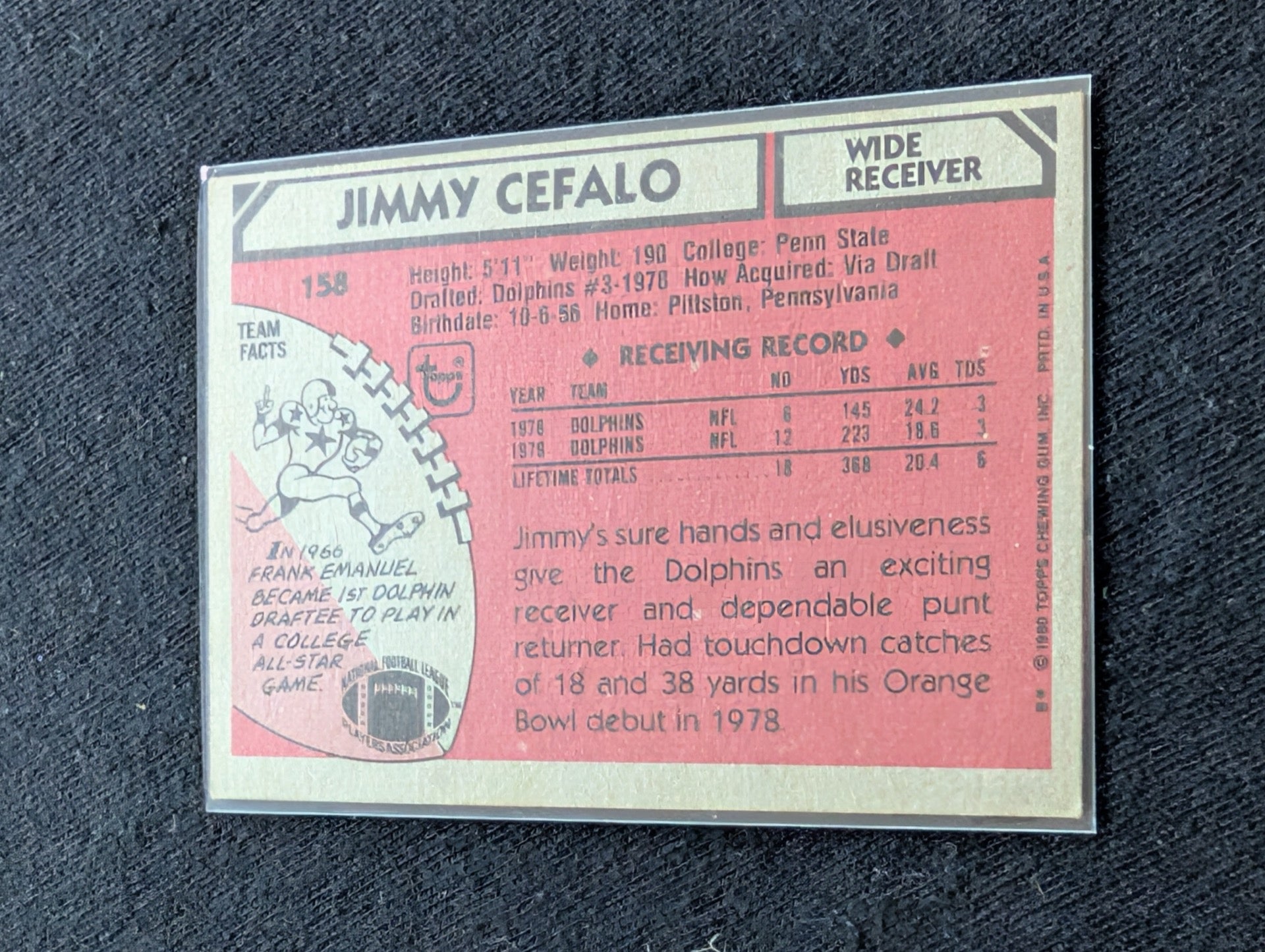 Jimmy Cefalo Miami Dolphins Vintage Topps Lot (2) 1980 1981 Super Bowl