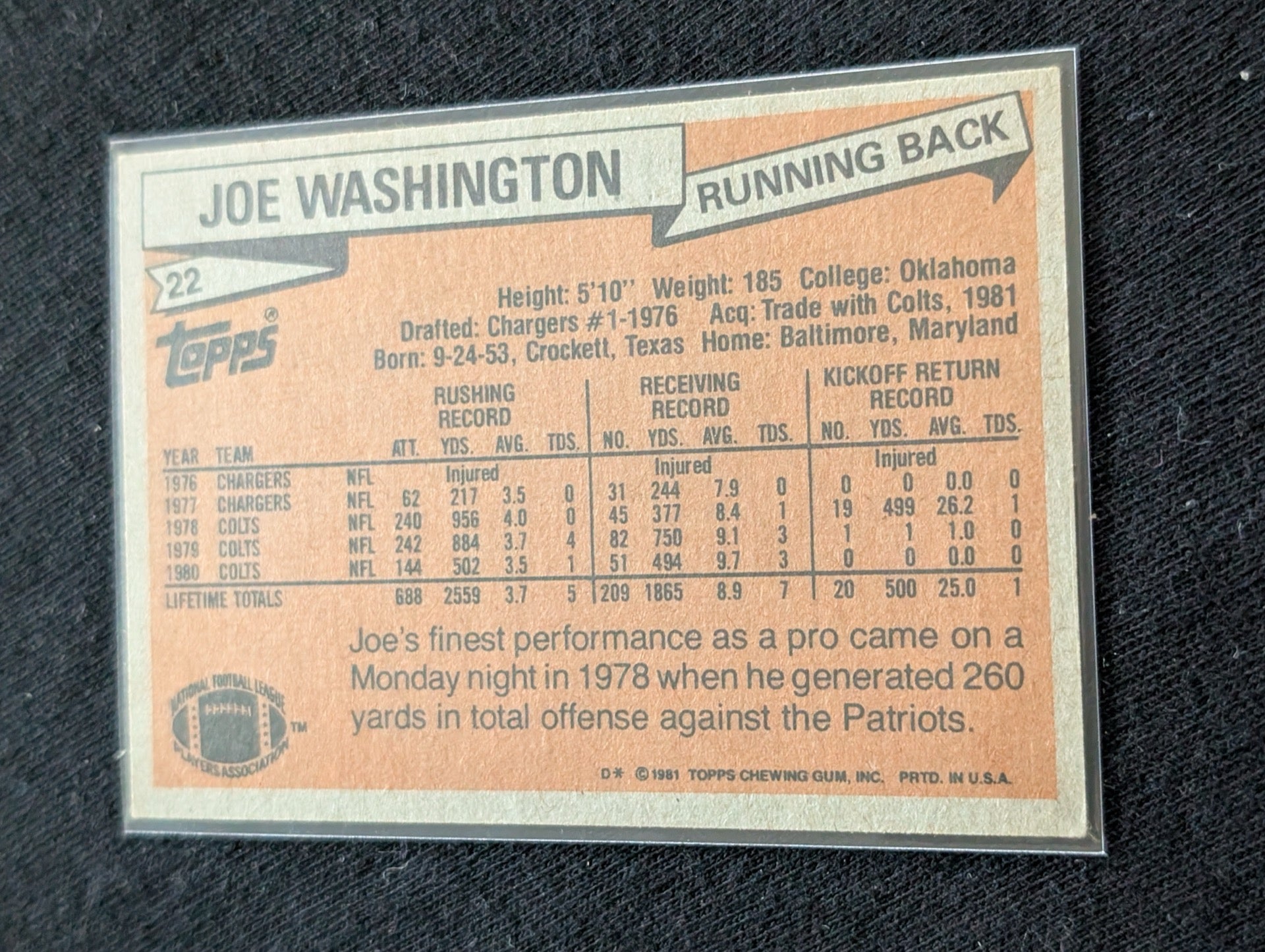 Joe Washington Vintage Topps Lot (2) 1980 Colts & 1981 Redskins Pro Bowl RB