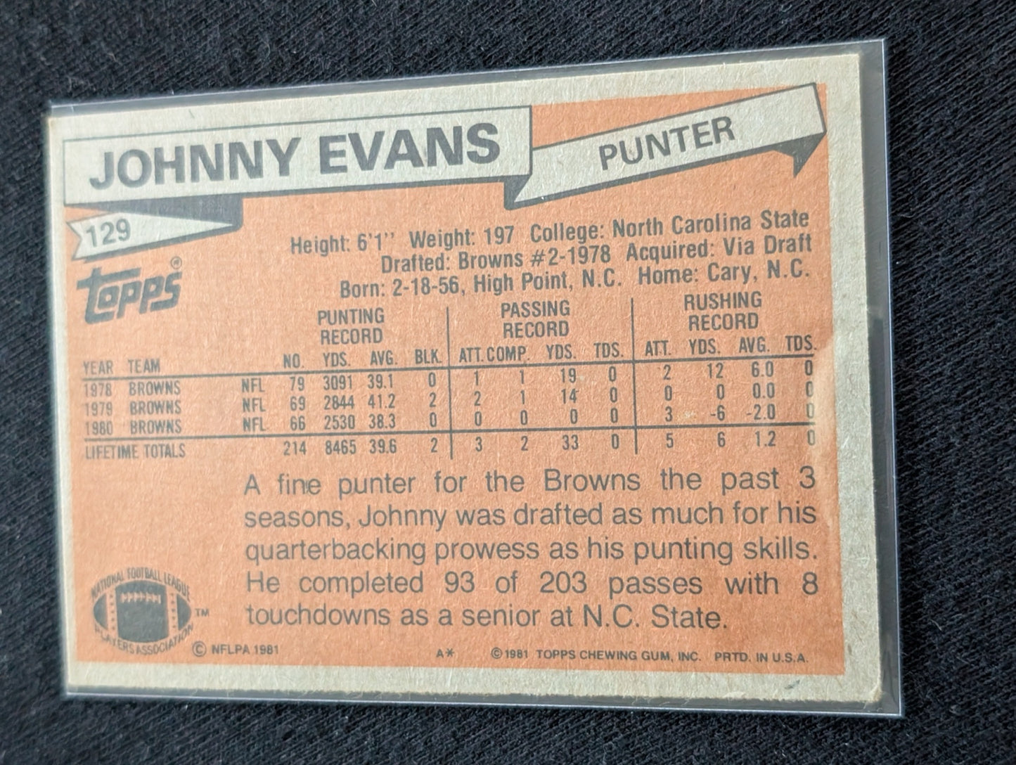 Johnny Evans Cleveland Browns Punter Vintage Topps Lot (2) 1980 1981