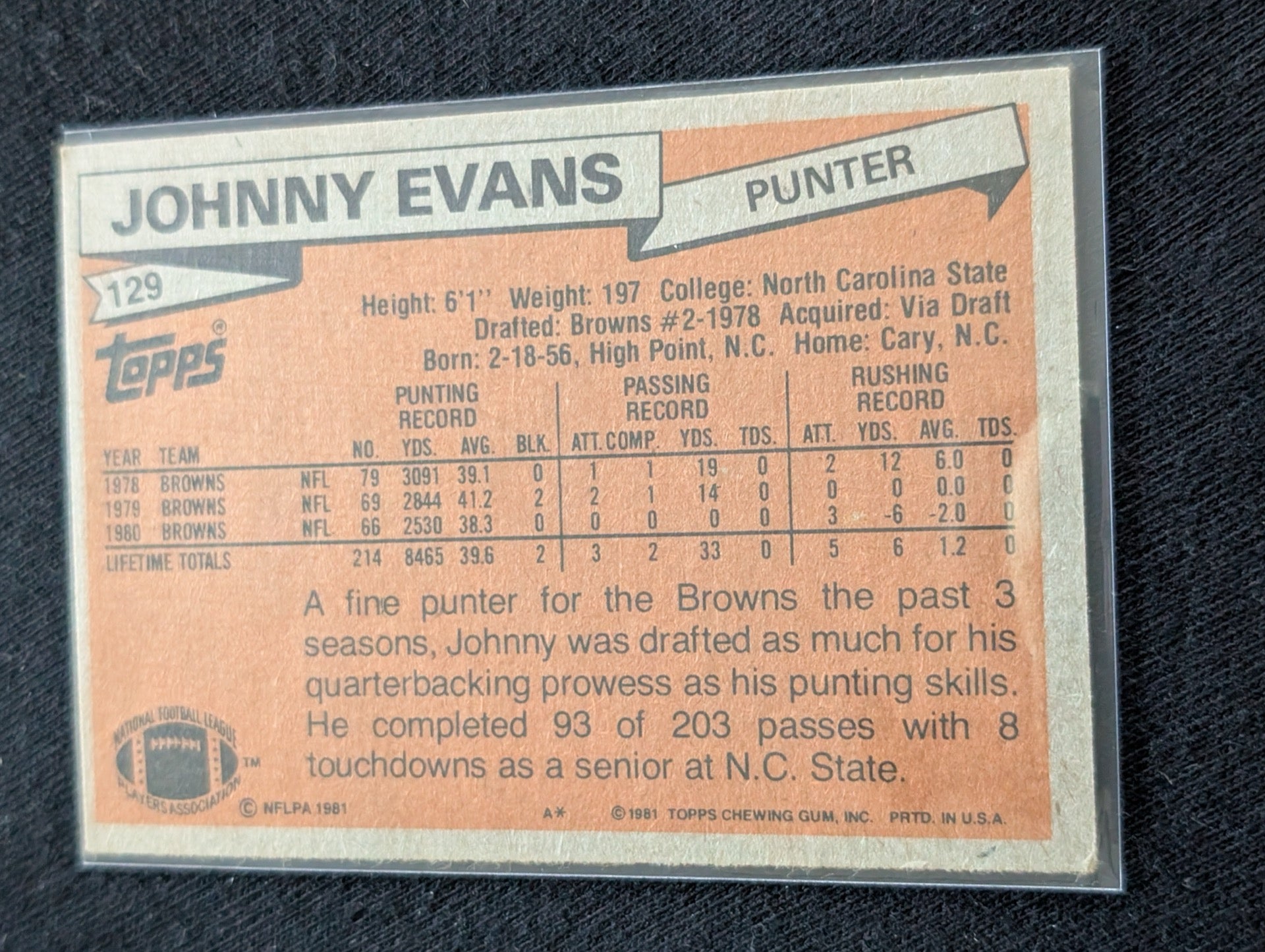 Johnny Evans Cleveland Browns Punter Vintage Topps Lot (2) 1980 1981