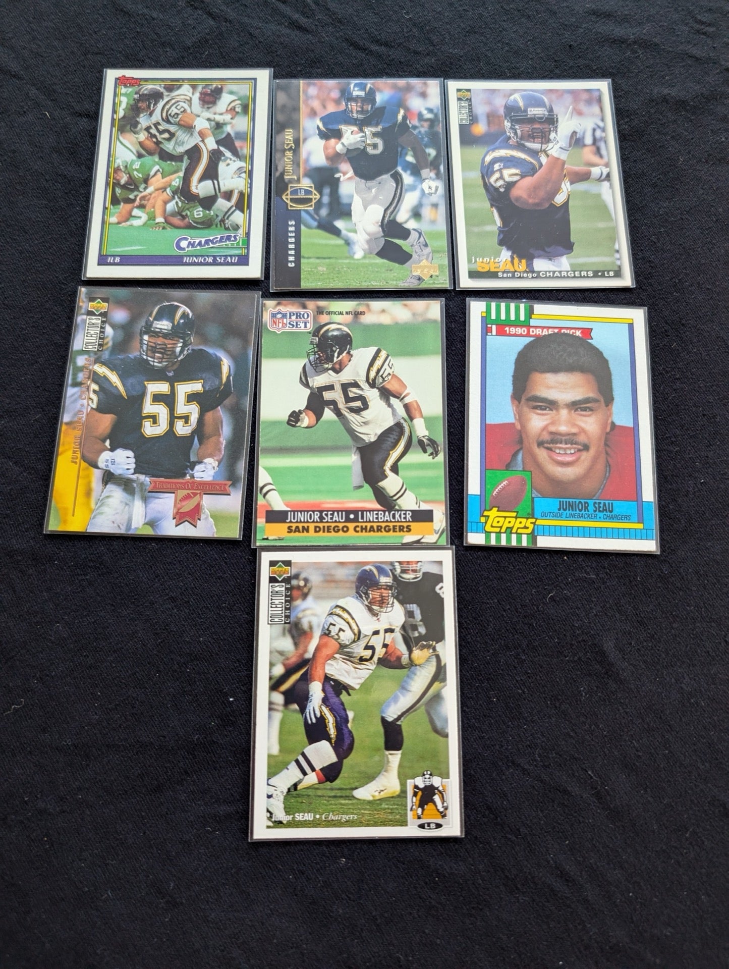 Junior Seau HOF Chargers Legend Lot (7) 1990 Topps RC, Pro Set, UD, Inserts