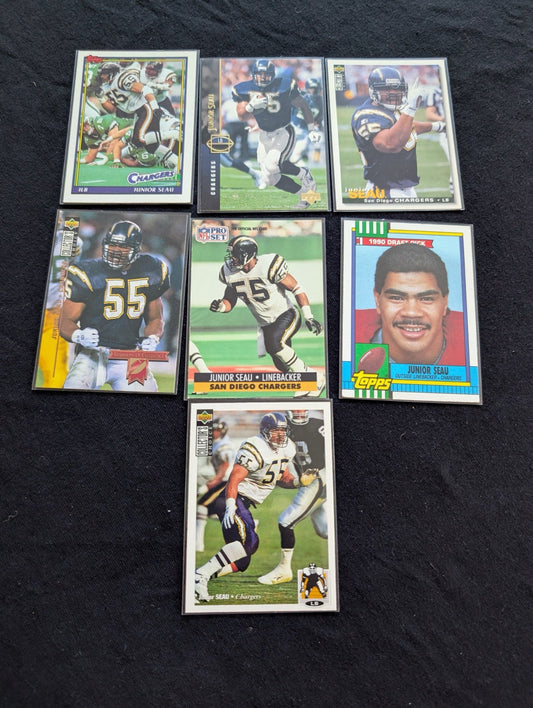 Junior Seau HOF Chargers Legend Lot (7) 1990 Topps RC, Pro Set, UD, Inserts