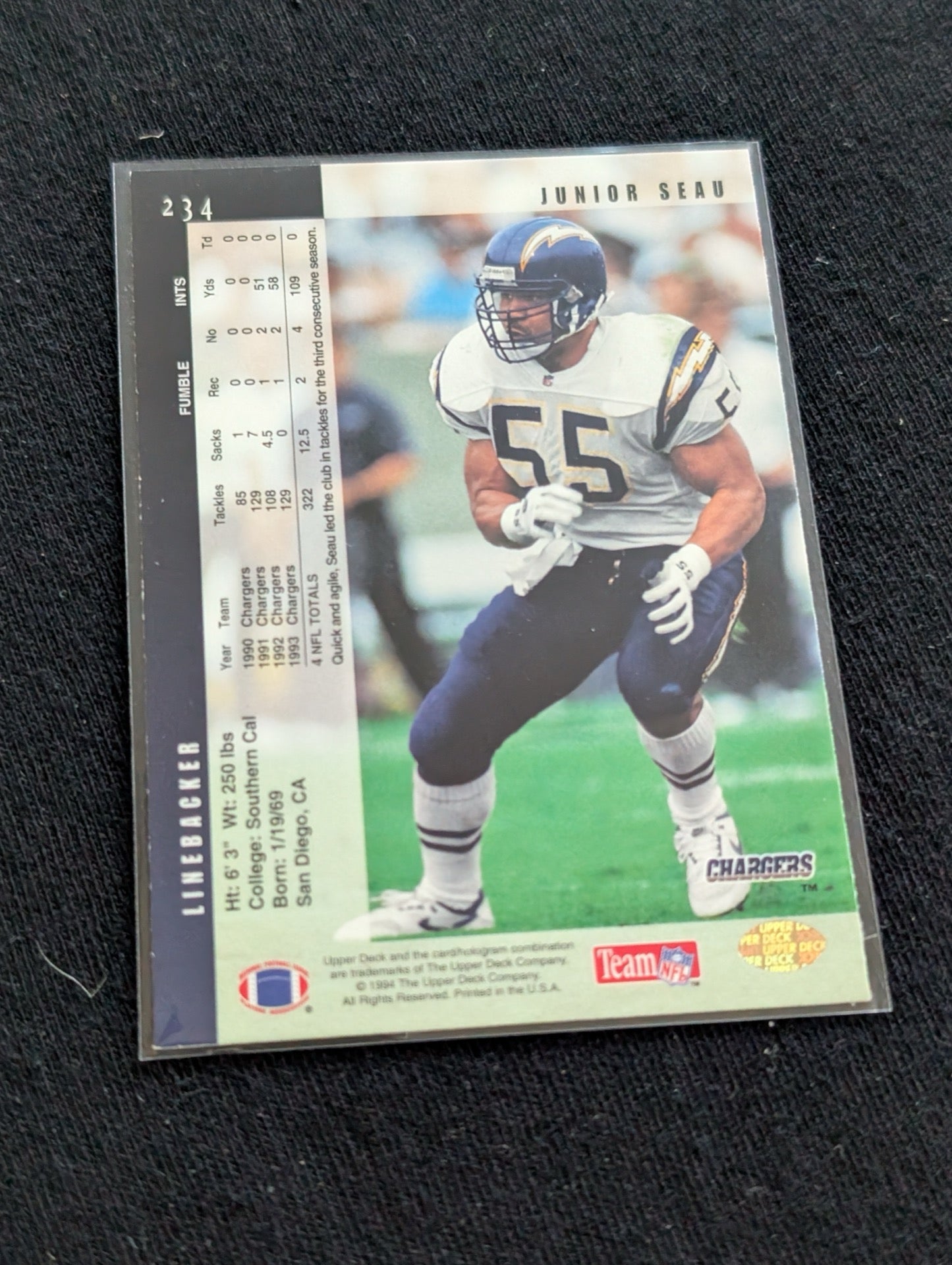 Junior Seau HOF Chargers Legend Lot (7) 1990 Topps RC, Pro Set, UD, Inserts