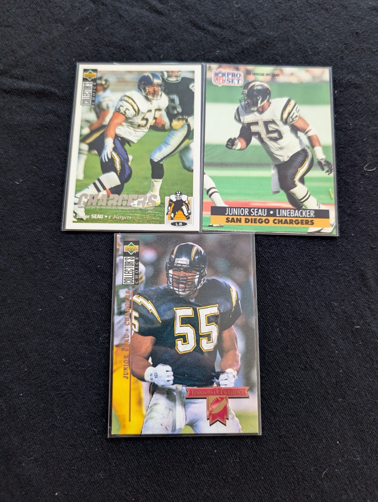 Junior Seau HOF Chargers Legend Lot (3) 1991 Pro Set, 1994-95 Collector's Choice