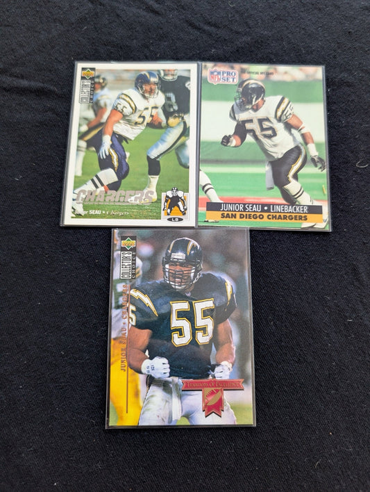 Junior Seau HOF Chargers Legend Lot (3) 1991 Pro Set, 1994-95 Collector's Choice