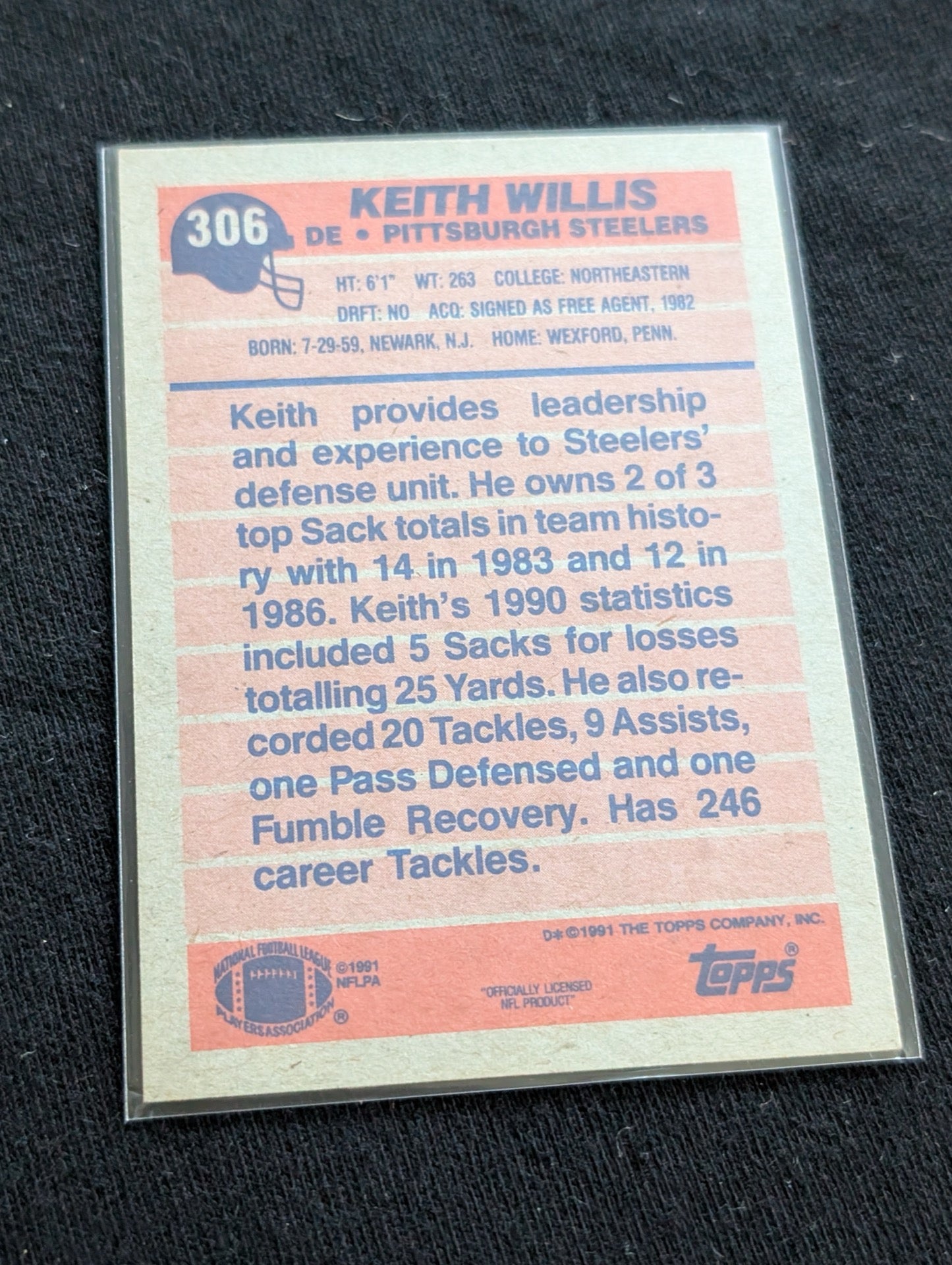 Keith Willis Steelers DE Player Lot (4) 1990-1991 Topps Pro Set