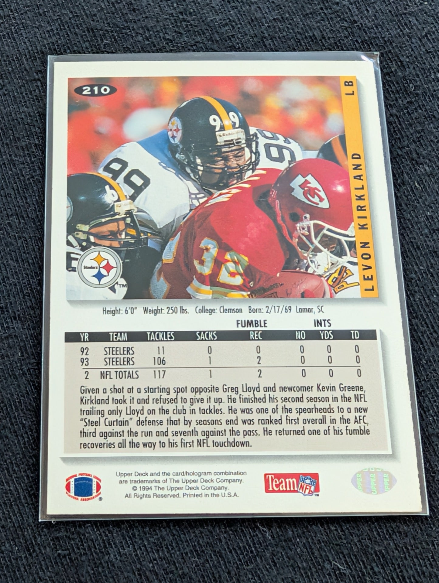 Levon Kirkland Steelers LB Legend Lot (2) 1994 Collector's Choice and 1997 Score