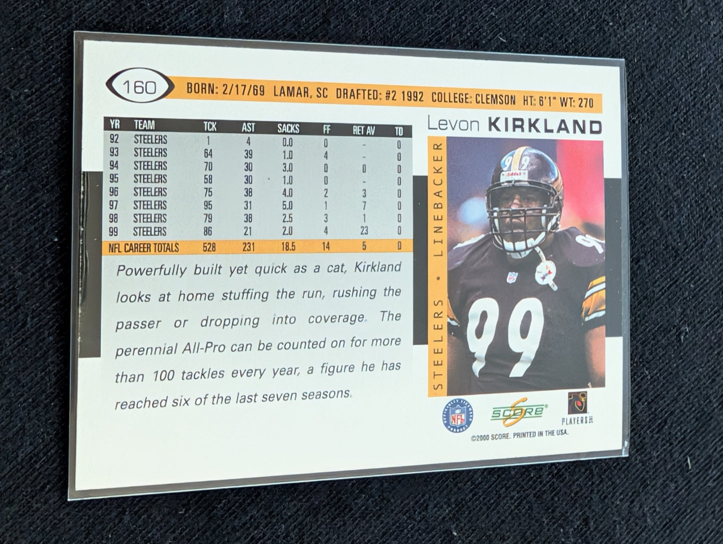 Levon Kirkland Steelers LB Legend Lot (2) 1994 Collector's Choice and 1997 Score