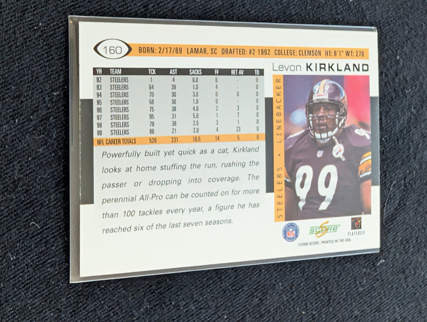 Levon Kirkland Steelers LB Legend Lot (2) 1997 Score & 1994 Collector's Choice