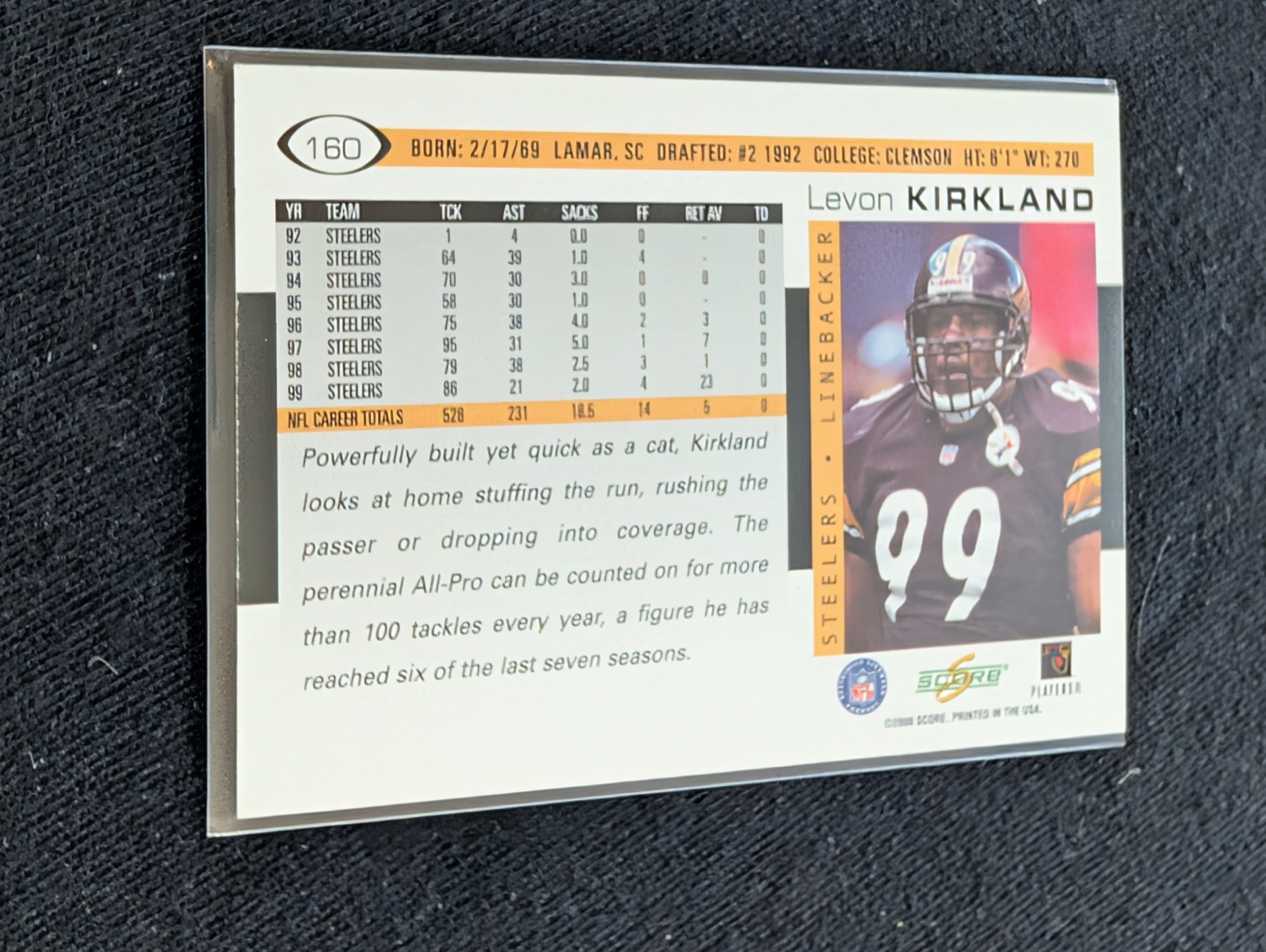 Levon Kirkland Steelers LB Legend Lot (2) 1997 Score & 1994 Collector's Choice