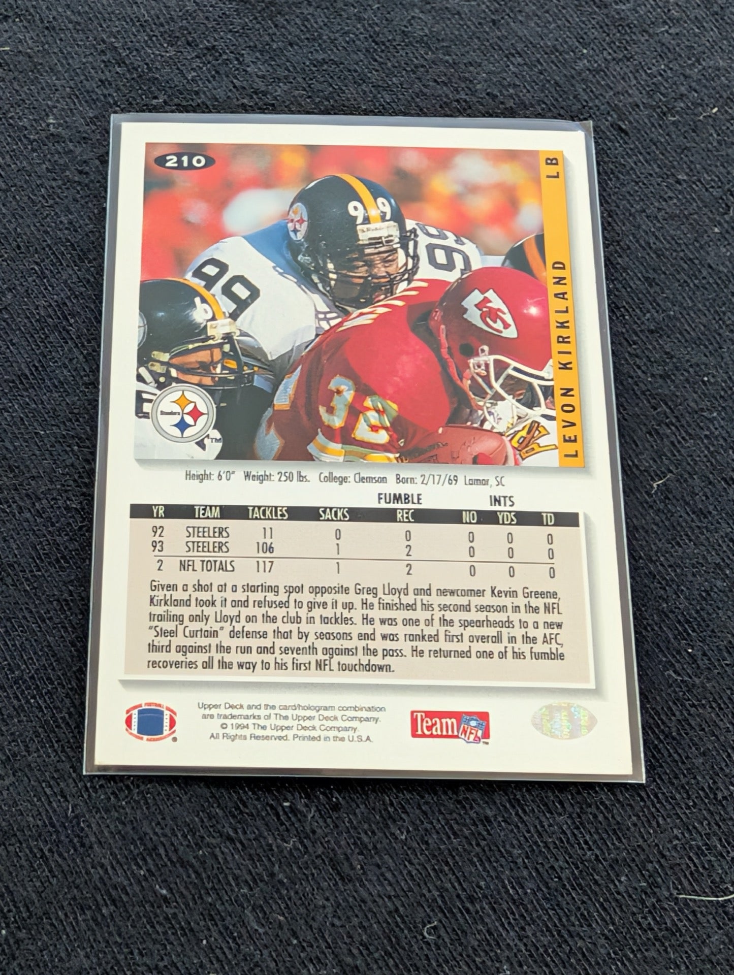 Levon Kirkland Steelers LB Legend Lot (2) 1994 Collector's Choice & 1997 Score