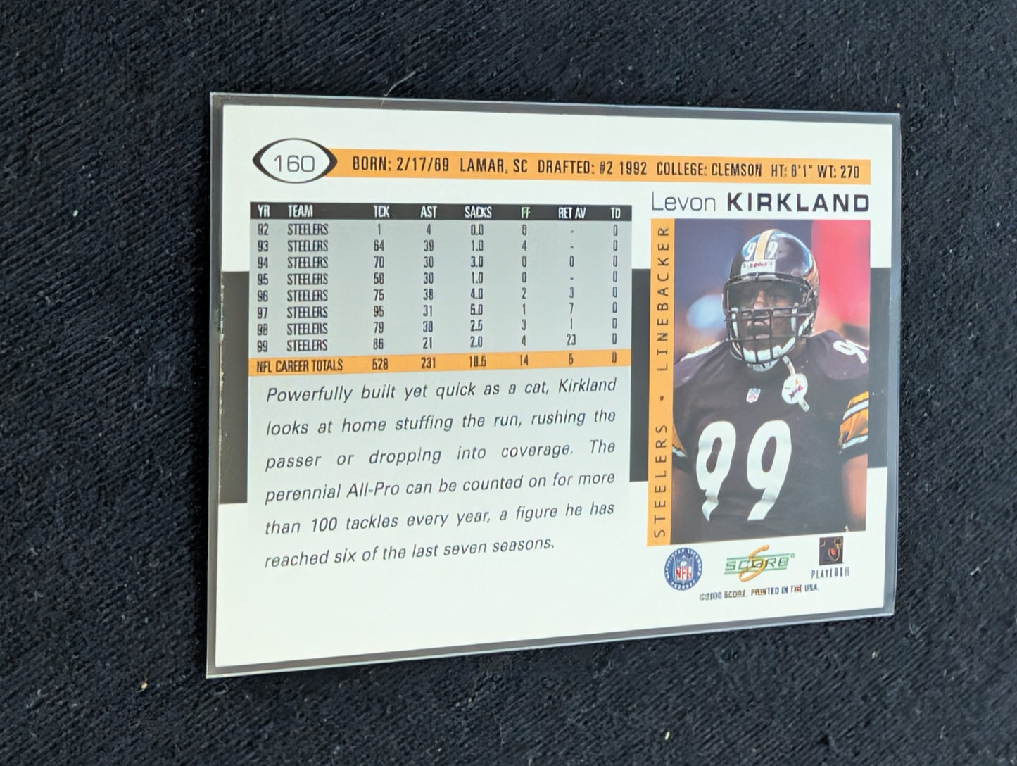 Levon Kirkland Steelers LB Legend Lot (2) 1994 Collector's Choice & 1997 Score