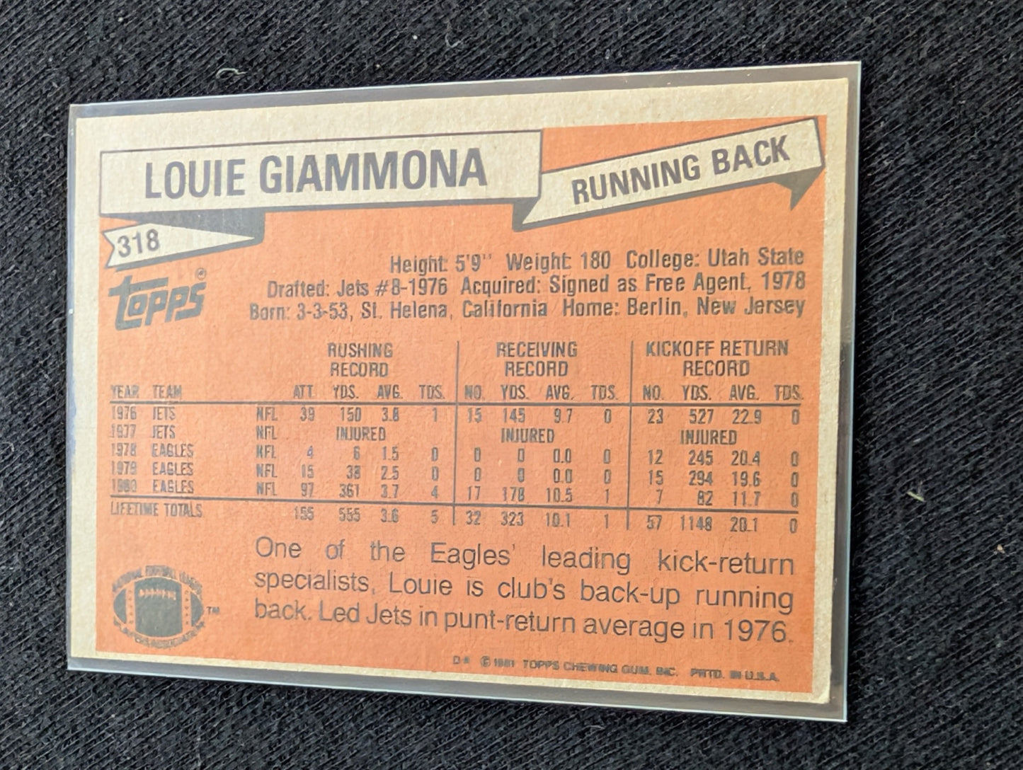 Louie Giammona Philadelphia Eagles Vintage Topps Lot (2) 1980 & 1981