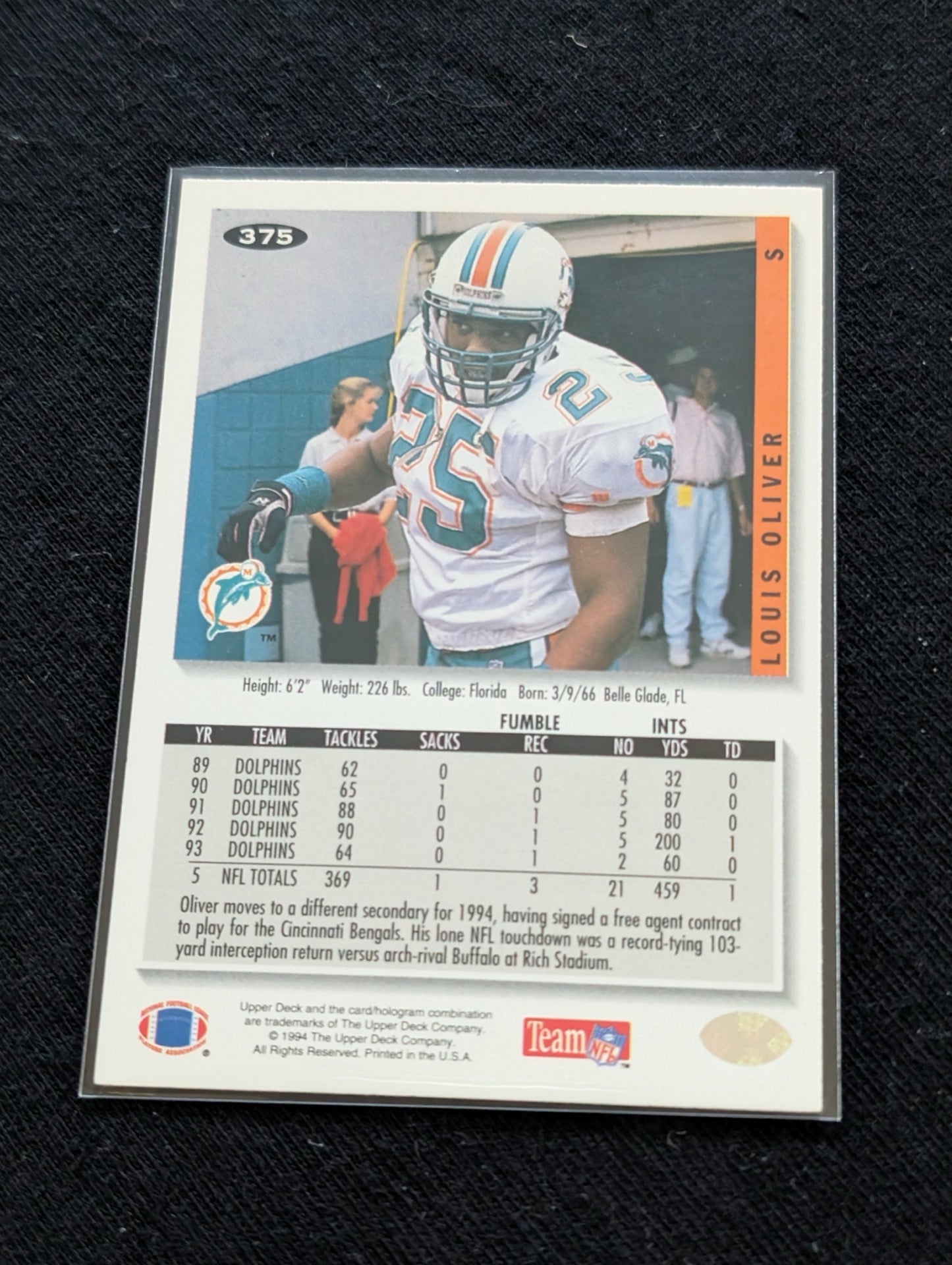 Louis Oliver Miami Dolphins Safety Lot (2) 1991 Pro Set & 1994 Collector's Choice