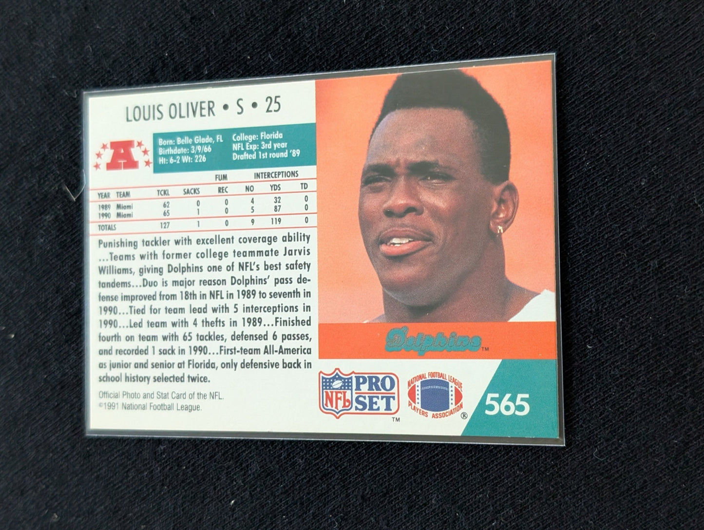 Louis Oliver Miami Dolphins Safety Lot (2) 1991 Pro Set & 1994 Collector's Choice