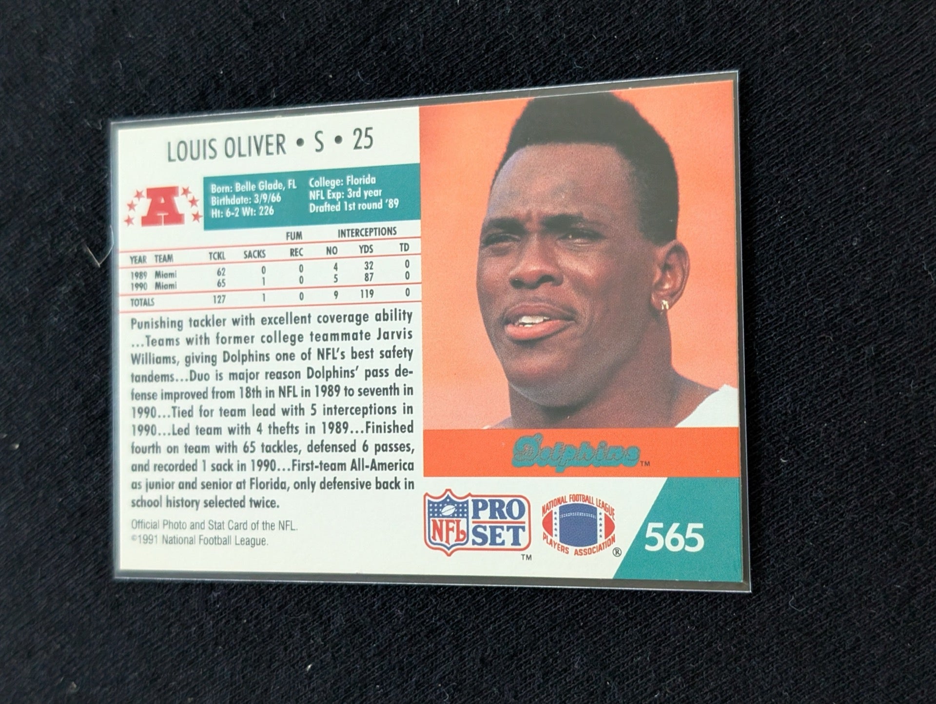 Louis Oliver Miami Dolphins Safety Lot (2) 1991 Pro Set & 1994 Collector's Choice