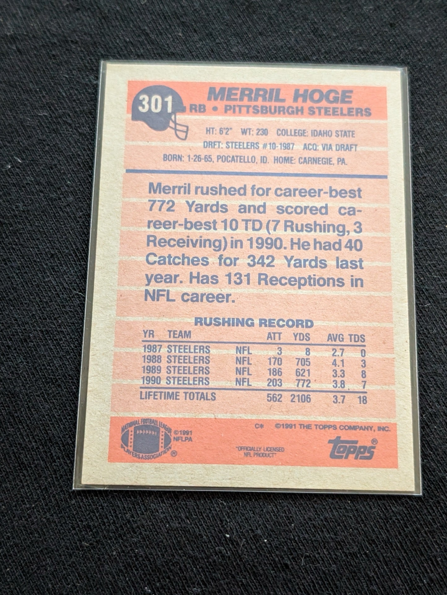 Merril Hoge Steelers RB/FB Lot (4) 1990-1991 Topps Pro Set Pacific