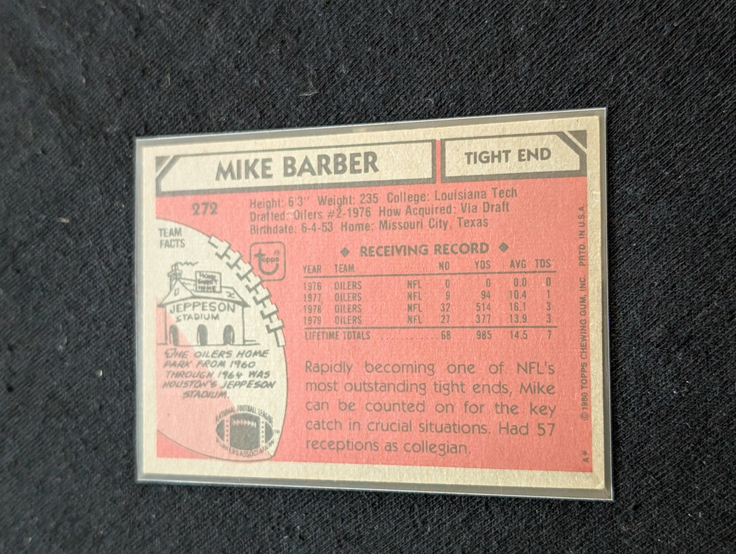 Mike Barber Houston Oilers Vintage Topps Lot (2) 1980 & 1981 Pro Bowl TE