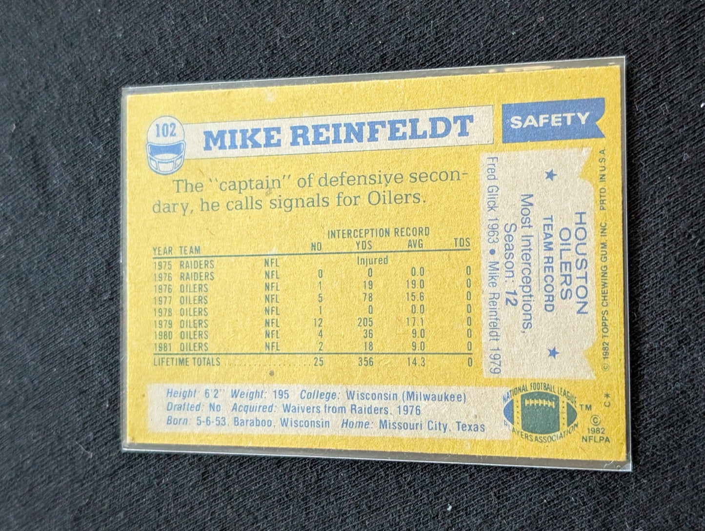 Mike Reinfeldt Oilers Vintage Topps Lot (2) 1980 All-Pro & 1981 INT Leader